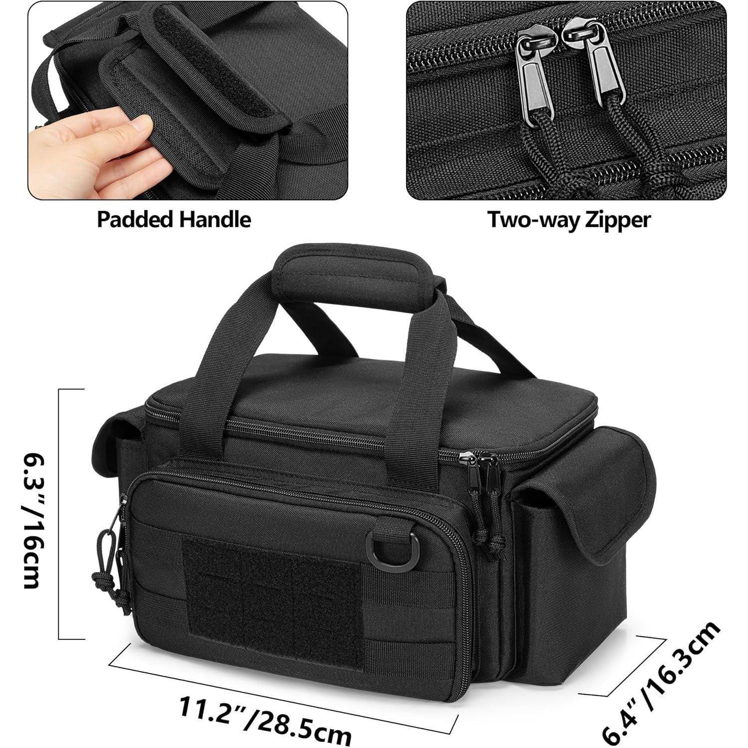 Schwarze Kamera-Tasche mit weichen Seitenwänden, gepolstertem Griff, zweirichtungs-Reißverschluss, Vordertasche und Abmessungen von 11,2 x 6,3 x 6,4 Zoll.