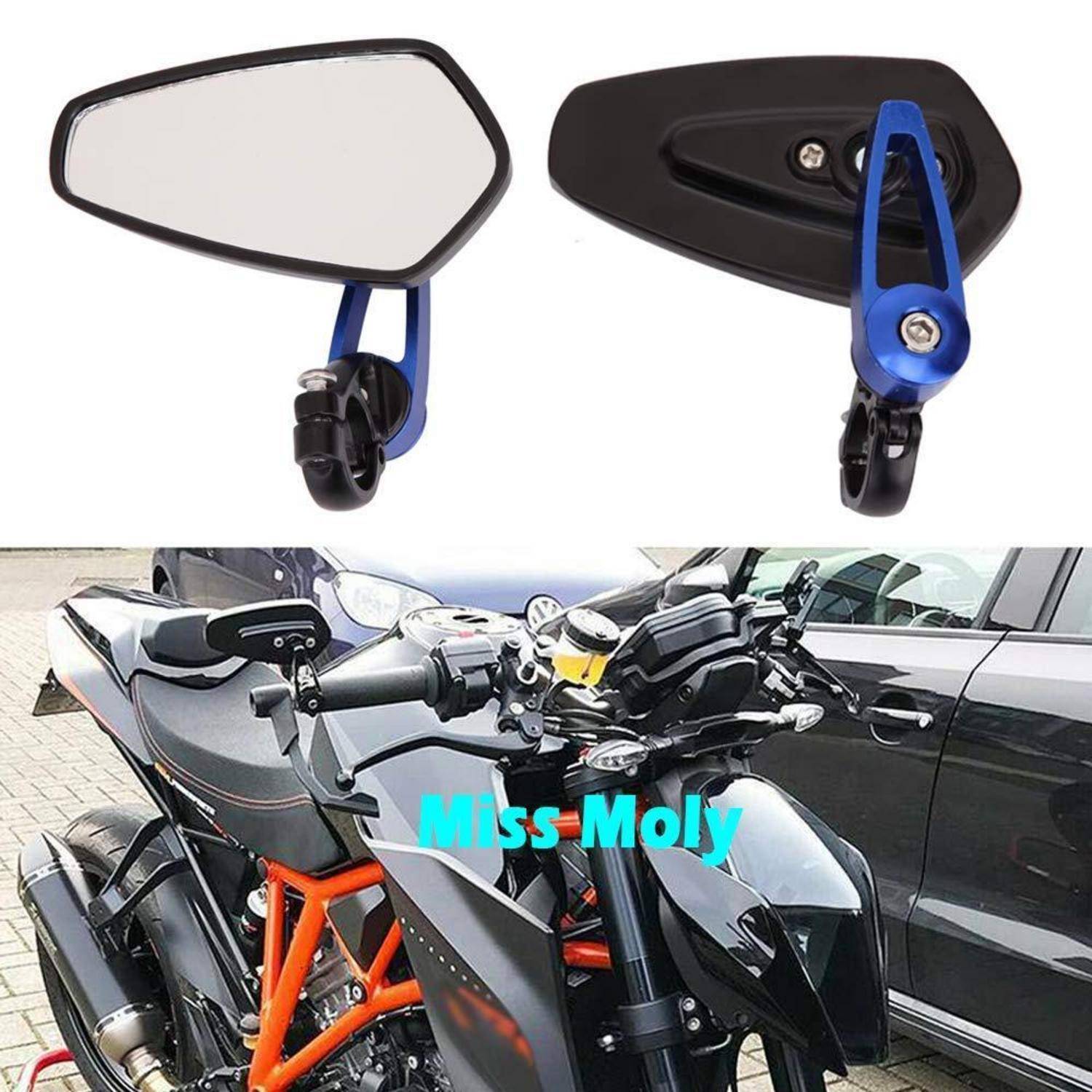 Motorrad-Rückspiegel von vorne und hinten gezeigt, mit einer Nahaufnahme des auf einem Sportmotorrad montierten Spiegels.