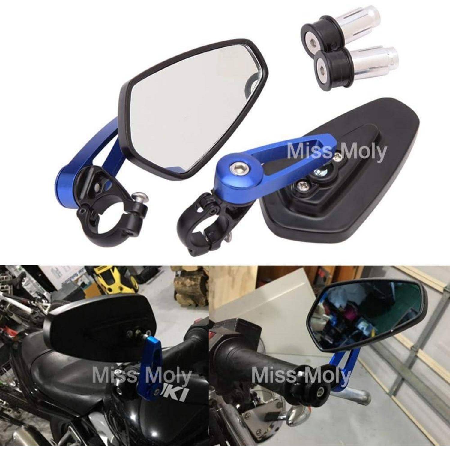 Spiegelsatz für Motorradlenker mit blau-schwarzem verstellbarem Arm und Klemmen, dargestellt als Produktfoto und auf einem Motorrad montiert zur Passformprüfung.