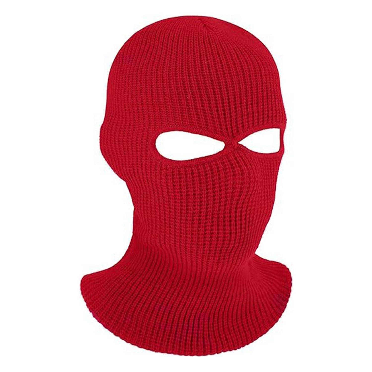 Rote Strickmütze/Skimütze mit Augenlöchern, auf weißem Hintergrund dargestellt.