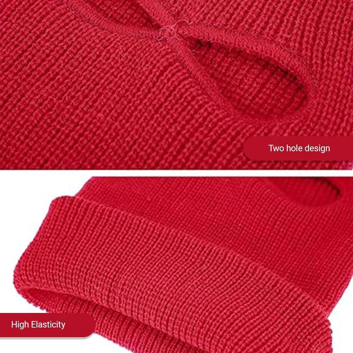 Rotes gestricktes Gewebe in Nahaufnahme, das ein Zwei-Loch-Design und hohe Elastizität zeigt, wahrscheinlich ein Dehnbares Kleidungsstück oder Zubehörmaterial.