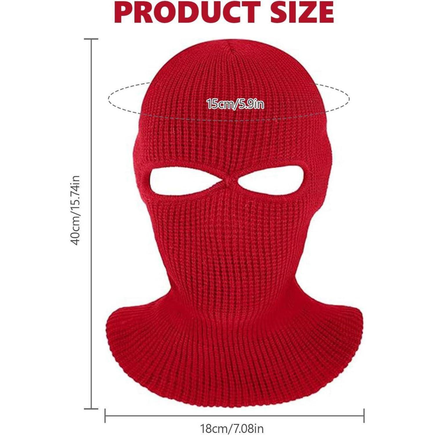 Rote gestrickte Skimaske Sturmhaube mit Augenlöchern; Produktgröße angezeigt als 40 cm Höhe, 18 cm Breite und 15 cm Kopfbreite.