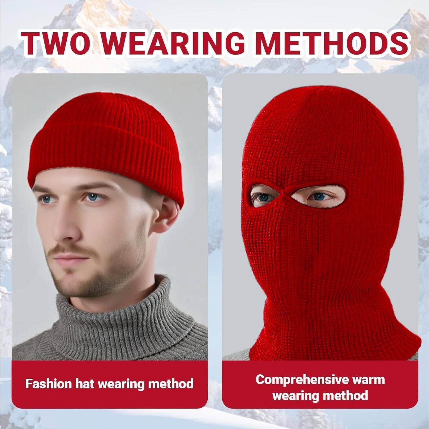 Infografik mit dem Titel „ZWEI TRAGEWEISEN" zeigt eine rote Strickmütze, die an einem Mann normal getragen wird und über das Gesicht gezogen als Sturmhaube für Wärmeschutz.