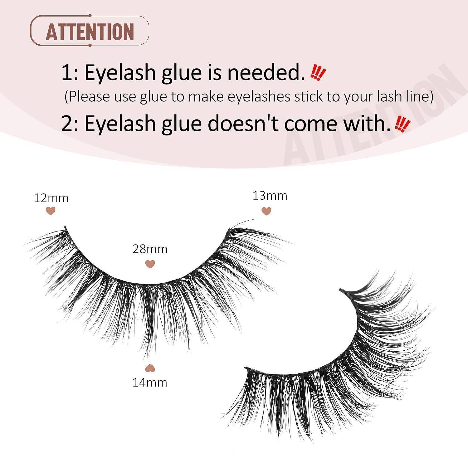 Anleitung zur Wimpernverlängerung mit zwei falschen Wimpern und Messangaben von 12 mm, 13 mm, 14 mm und 28 mm, sowie einer Warnung, dass Wimpernkleber erforderlich ist und nicht enthalten ist.