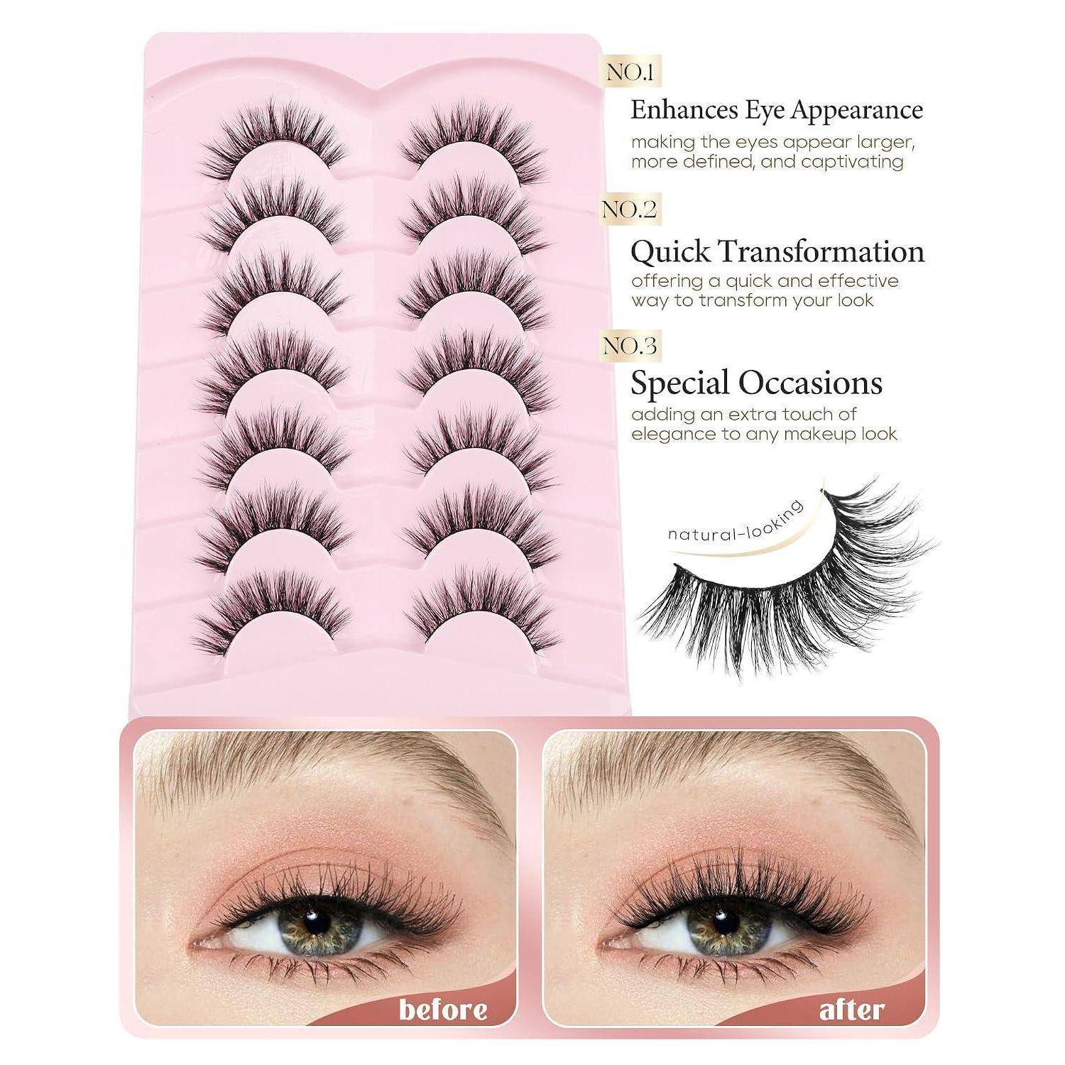Werbebild für Wimpernverlängerungen mit mehreren Falschenwimpern-Stilen, Vorteile-Text und Vorher-Nachher-Fotos der Augen, die einen volleren, dramatischeren Look demonstrieren.
