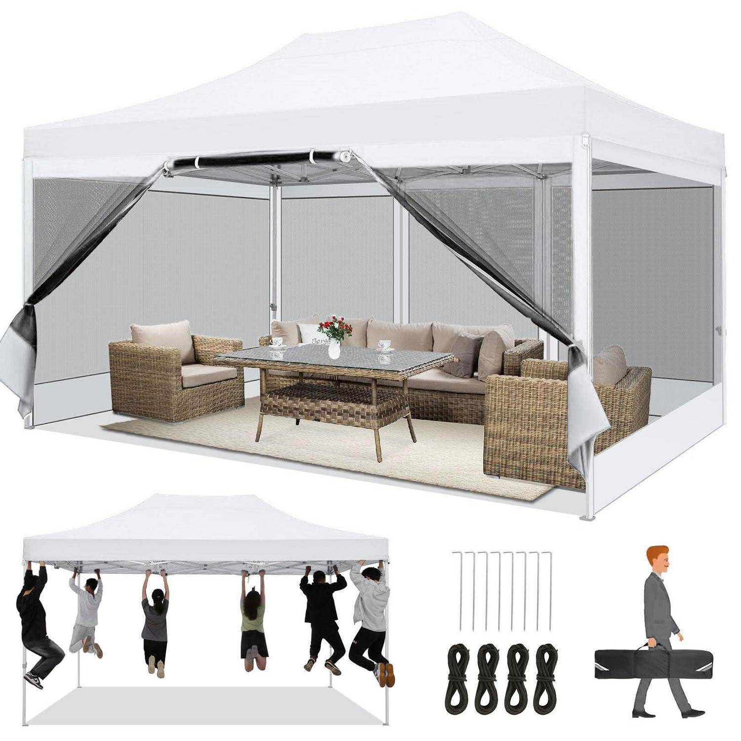 Pop-up-Überdachungszelt mit Mesh-Seitenwänden, Außen-Rattan-Sitzmöbel und einem Tisch dargestellt; untere Abbildungen zeigen mehrere Personen, die das Zelt aufhängen, sowie mitgelieferte Riemen und eine Tragetasche.