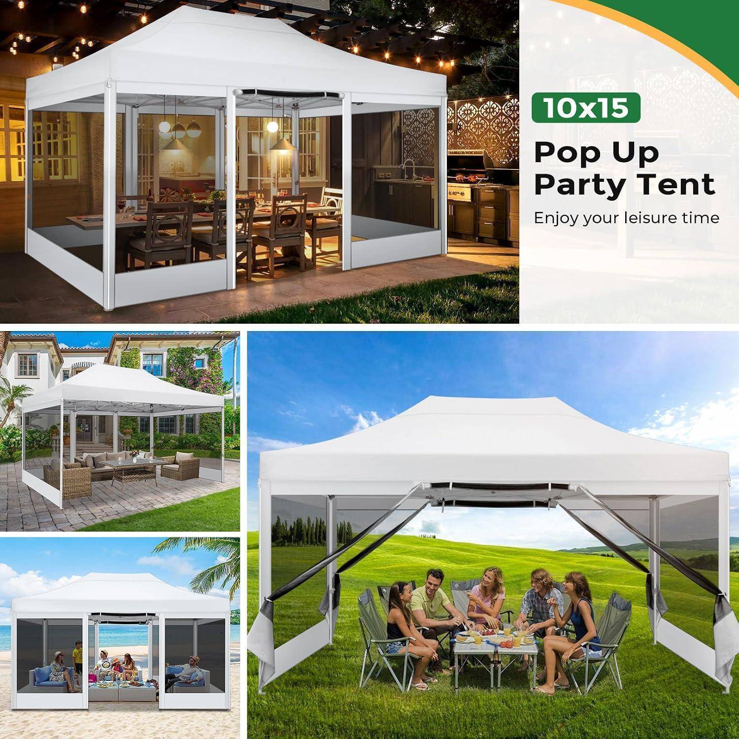 Werbekollage eines weißen 10x15 Pop-up-Partyzelt, das in Hinterhof- und Terrassenumgebungen gezeigt wird, mit dem Text „10x15 Pop-up-Partyzelt" und „Genießen Sie Ihre Freizeit"