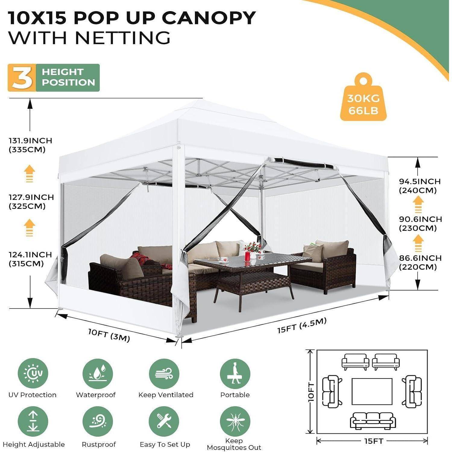 Illustriertes 10x15 Pop-up-Baldachin mit Netzgewebe, zeigt 3 verstellbare Höhenpositionen, 30 kg Lasticon und innenliegende Lounge-Anordnung mit Abmessungen und Funktionssymbolen.