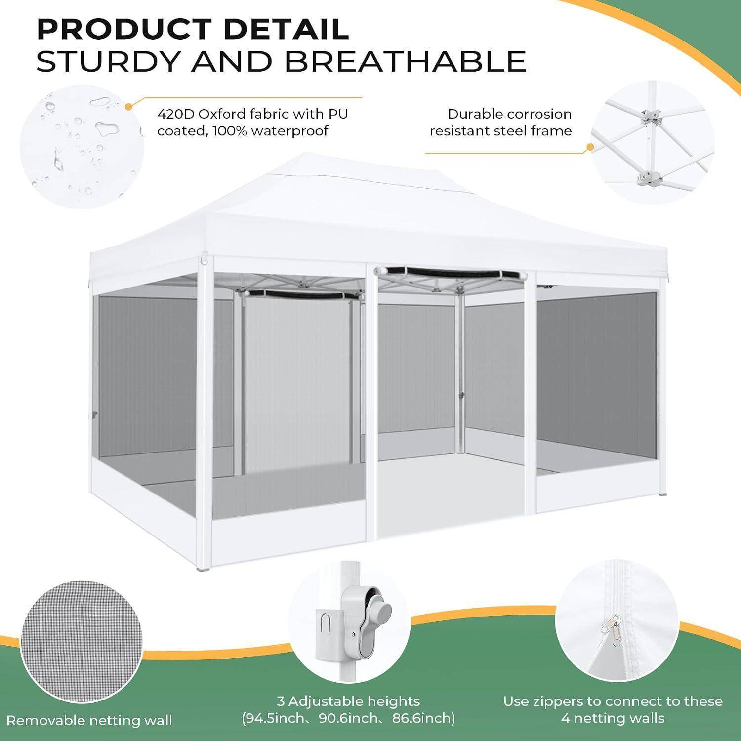 Produktdetail-Grafik eines weißen Outdoor-Pavillon-Zelts mit Hervorhebung von 420D wasserdichtem Oxford-Stoff, Stahlrahmen, abnehmbaren Netzwänden, verstellbaren Höhen und Reißverschlussverbindungen.