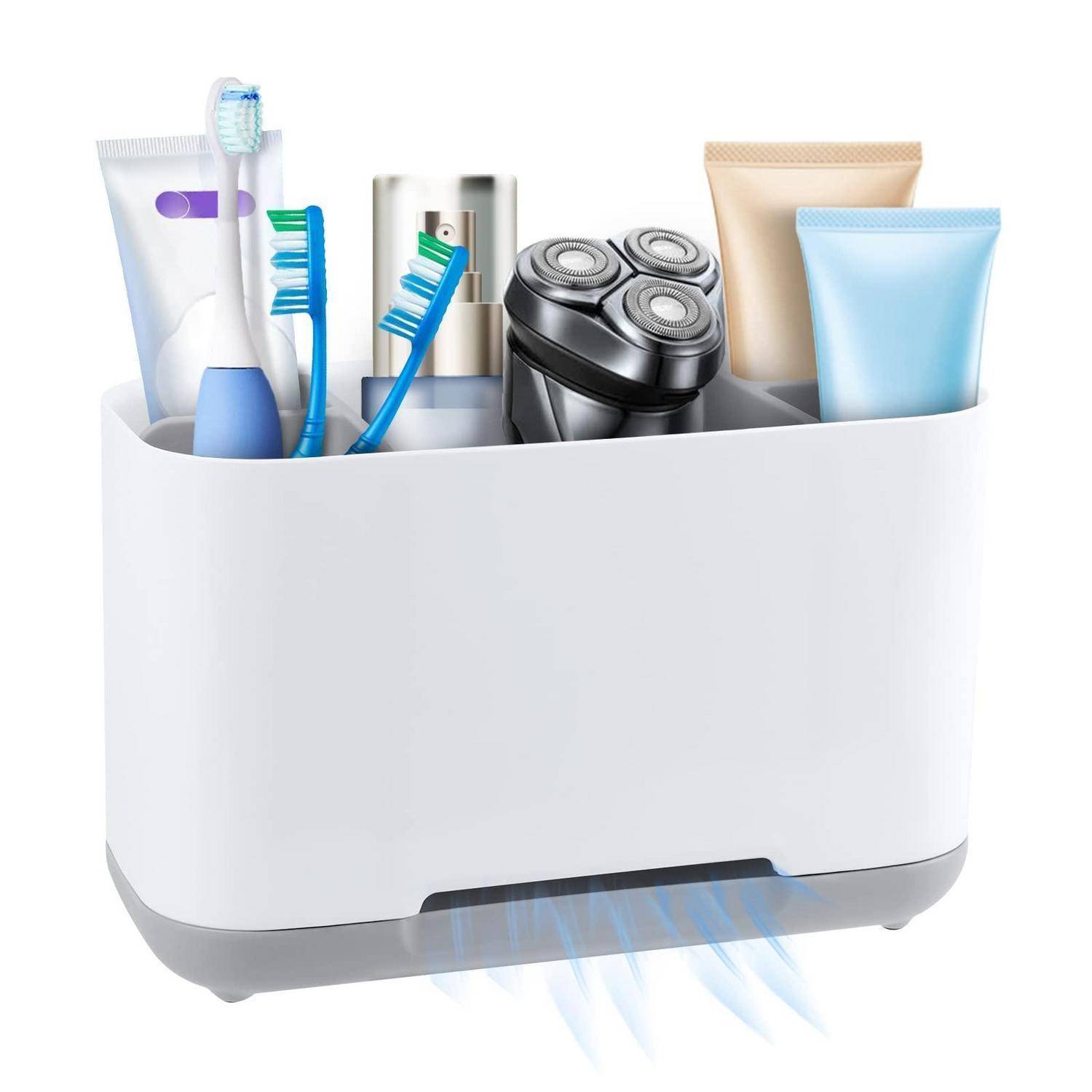 Weißer Arbeitsplattenorganizer zum Halten von Zahnbürsten, Zahnpasta, Rasierern und Tuben mit integrierter belüfteter Basis.
