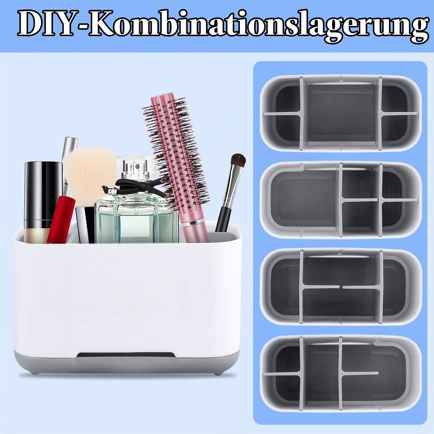 DIY-Kombinationsspeicher-Organizer mit einem weißen Arbeitsplattenbehälter für Make-up-Werkzeuge und vier austauschbare Innentrenner-Layouts auf der rechten Seite.