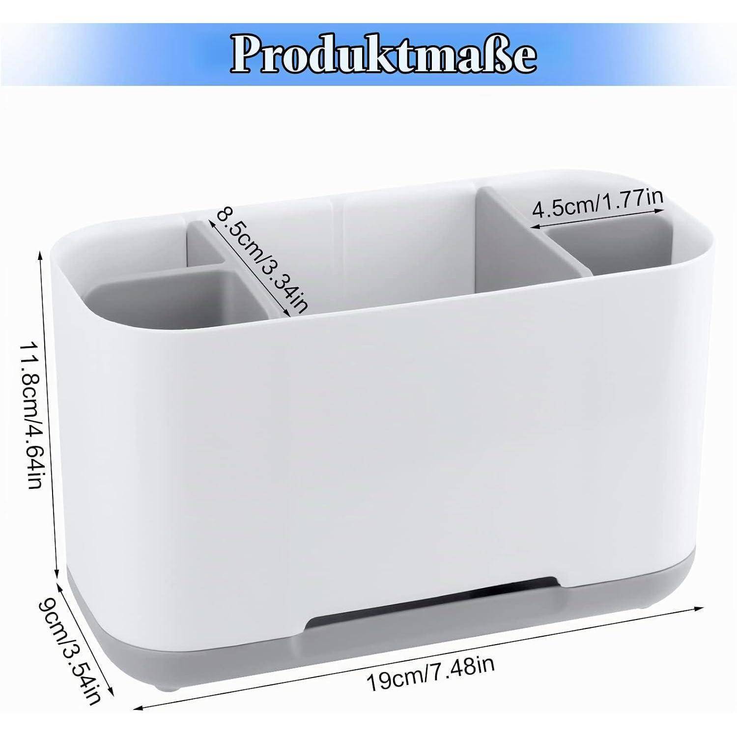 Produktabmessungsdiagramm eines weißen rechteckigen Organizers: 19 cm breit, 11,8 cm hoch, 9 cm tief, mit Fächern mit den Bezeichnungen 8,5 cm und 4,5 cm.