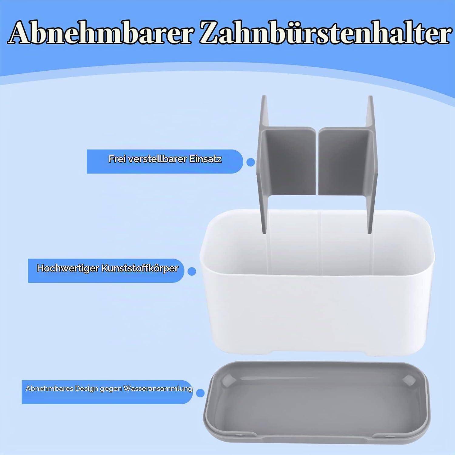Produktgrafik eines abnehmbaren Zahnbursthalters mit verstellbarem Einsatz, Kunststoffgehäuse und abnehmbarem Auffangtablett; deutsche Beschriftungen heben die Merkmale hervor.