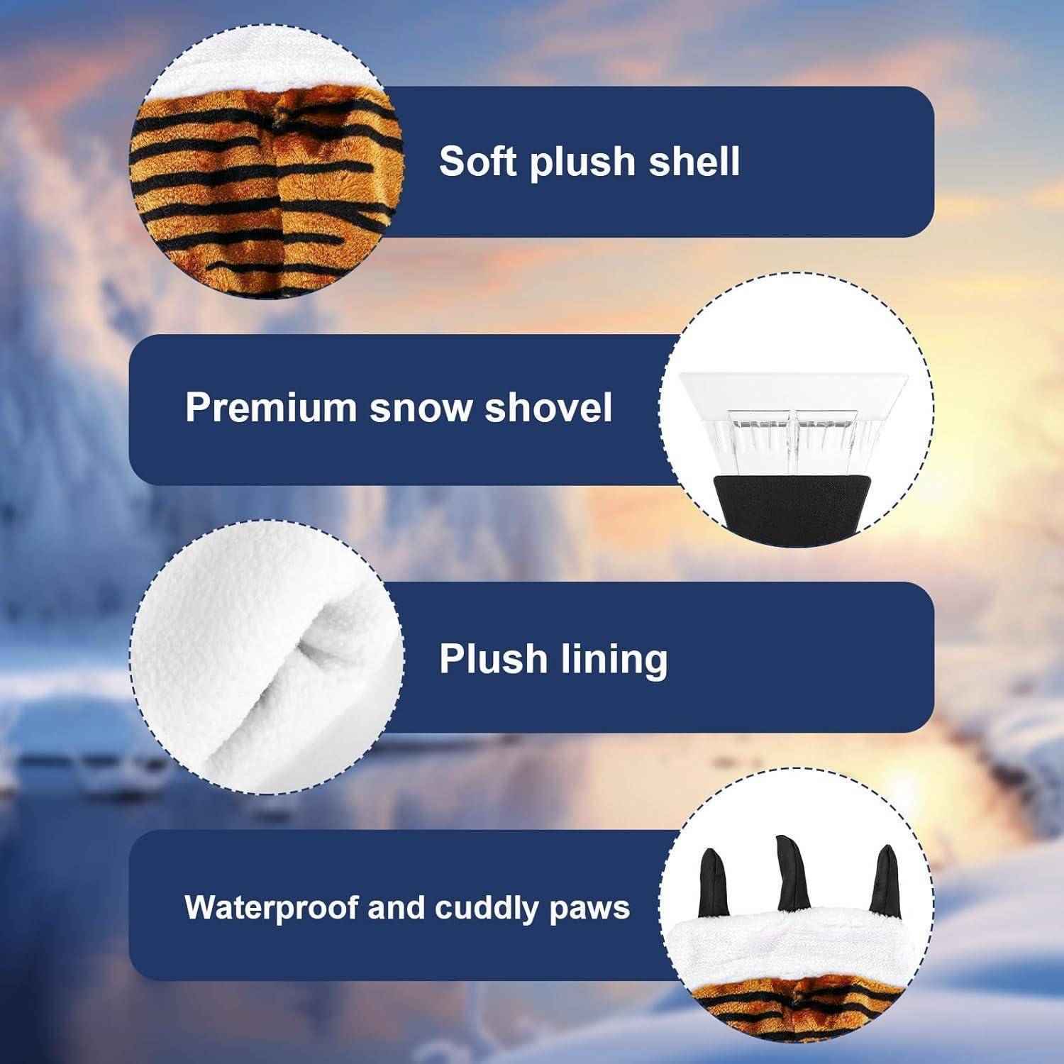 Produktfunktionsgrafik für eine Schneeschaufel mit Beschriftungen: 'Weiches Plüschgehäuse', 'Premium-Schneeschaufel', 'Plüschfütterung' und 'Wasserdichte und kuschelige Pfoten'.