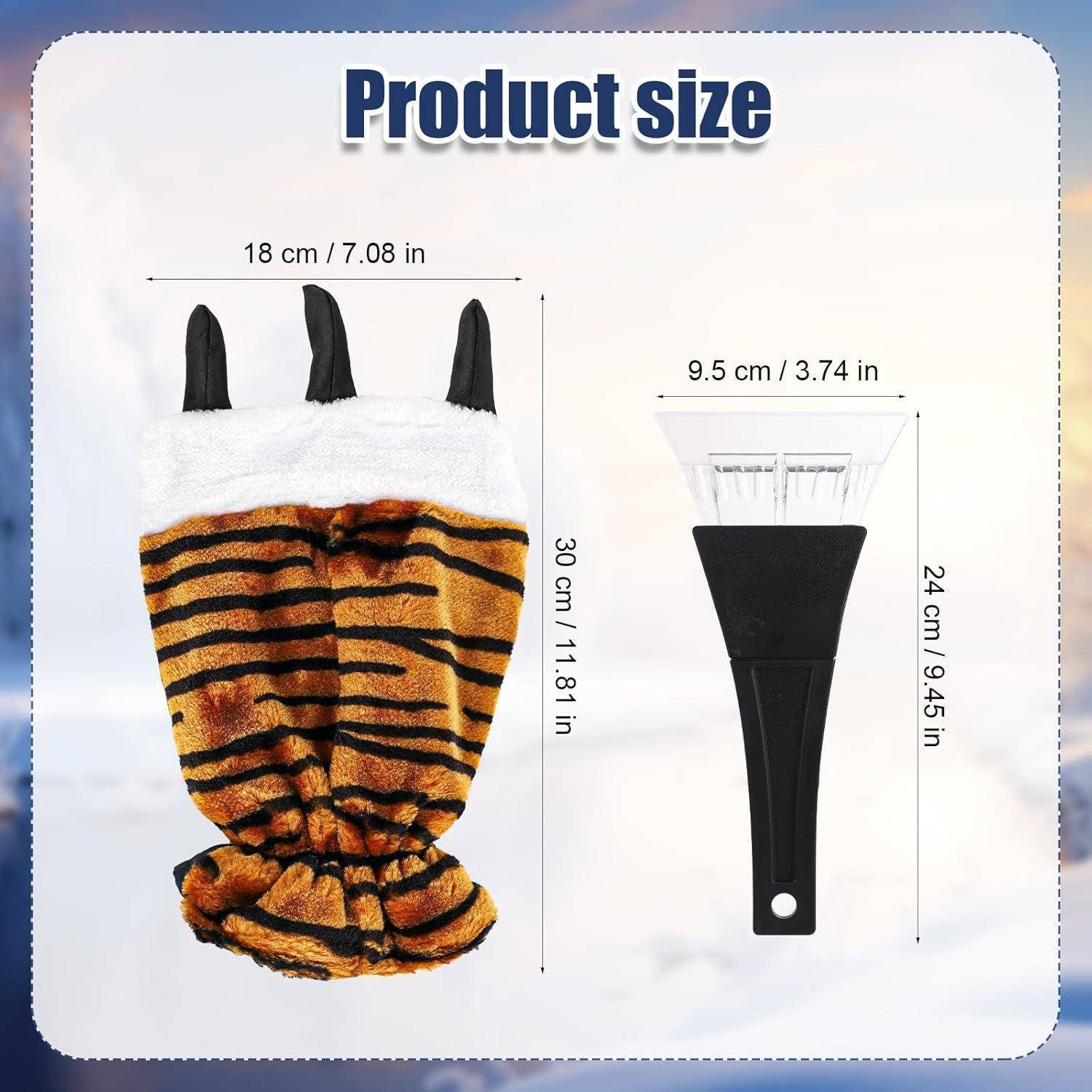 Größentabelle für Produkte, die ein Tiger-gestreiften Kostümhandschuh mit drei schwarzen Krallen, 30 cm hoch und 18 cm breit, sowie eine passende Bürste, 24 cm hoch und 9,5 cm breit, zeigt.