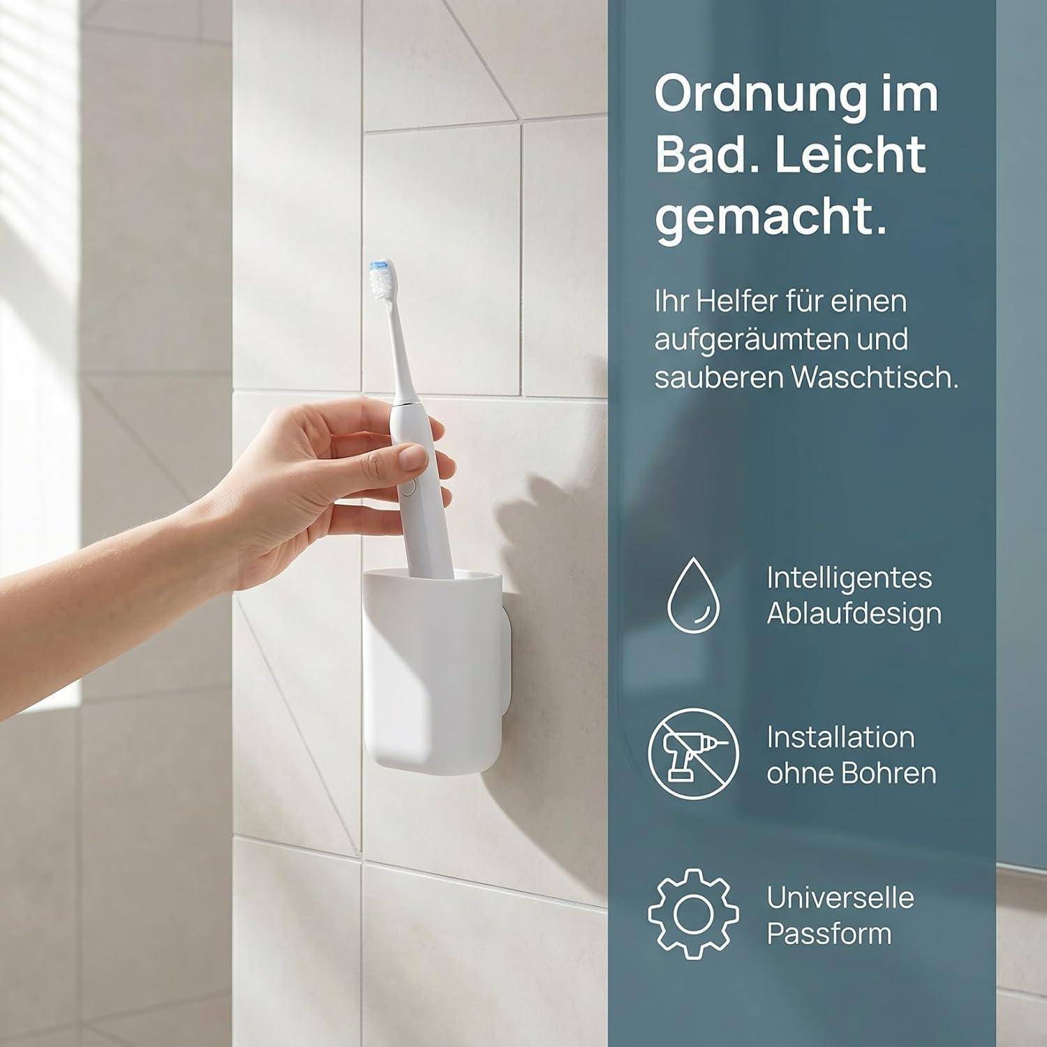 Hand platziert eine elektrische Zahnbürste in einem an der Wand montierten Halter in einem gefliesten Badezimmer; deutscher Text bewirbt Badezimmerorganisation und bohrerfreie Installation.