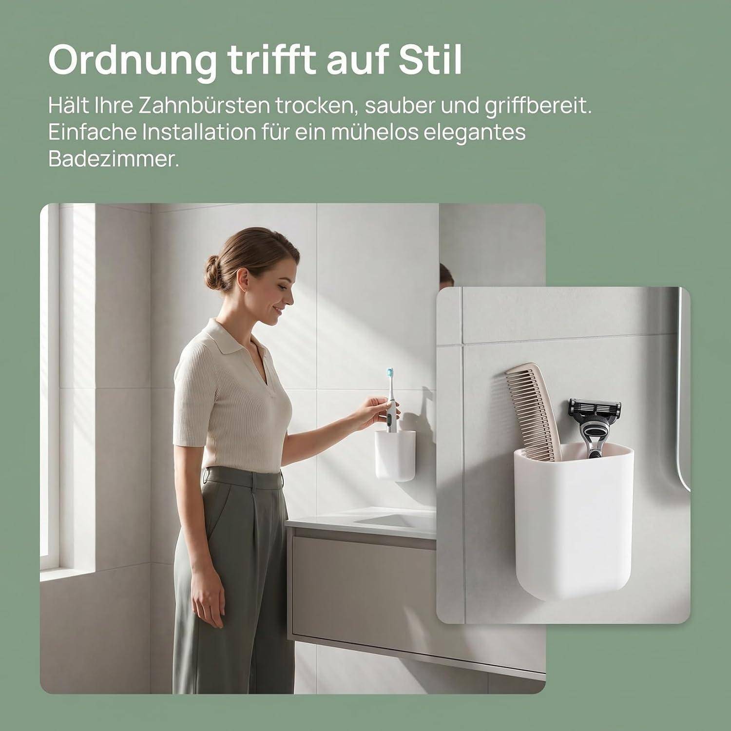 Frau, die eine Zahnbürste in einen an der Wand angebrachten Badezimmerhalter legt; Anzeigentext auf Deutsch bewirbt eine stilvolle, einfache Möglichkeit, Bürsten trocken und ordentlich zu halten.