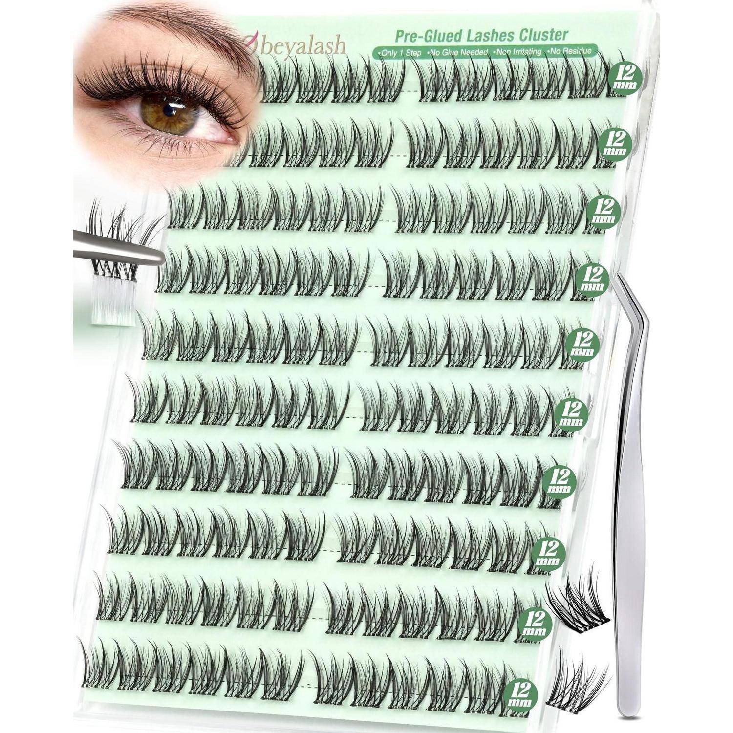 Paket mit vorgebundenen falschen Wimpernbüscheln mit Pinzette, beschriftet mit „Pre-Glued Lashes Cluster