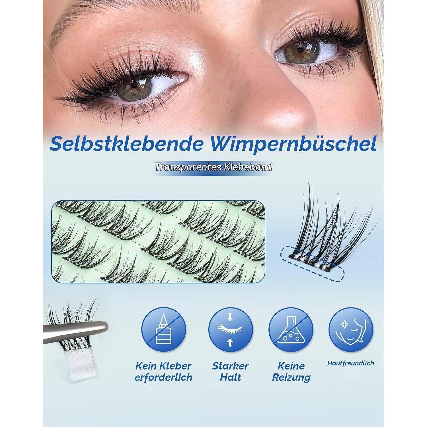 Werbegrafik für selbstklebende Wimpernbüschel, die nahaufnahmen von Augen, Wimpernstreifen und Symbole zeigt, die hervorheben: kein Kleber erforderlich, starker Halt, keine Reizung und hautfreundlich.