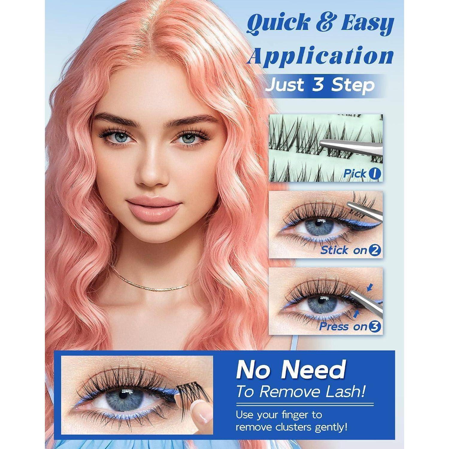 Werbe-Beauty-Grafik mit einer Frau mit rosa Haaren und falschen Wimpern, mit Text 