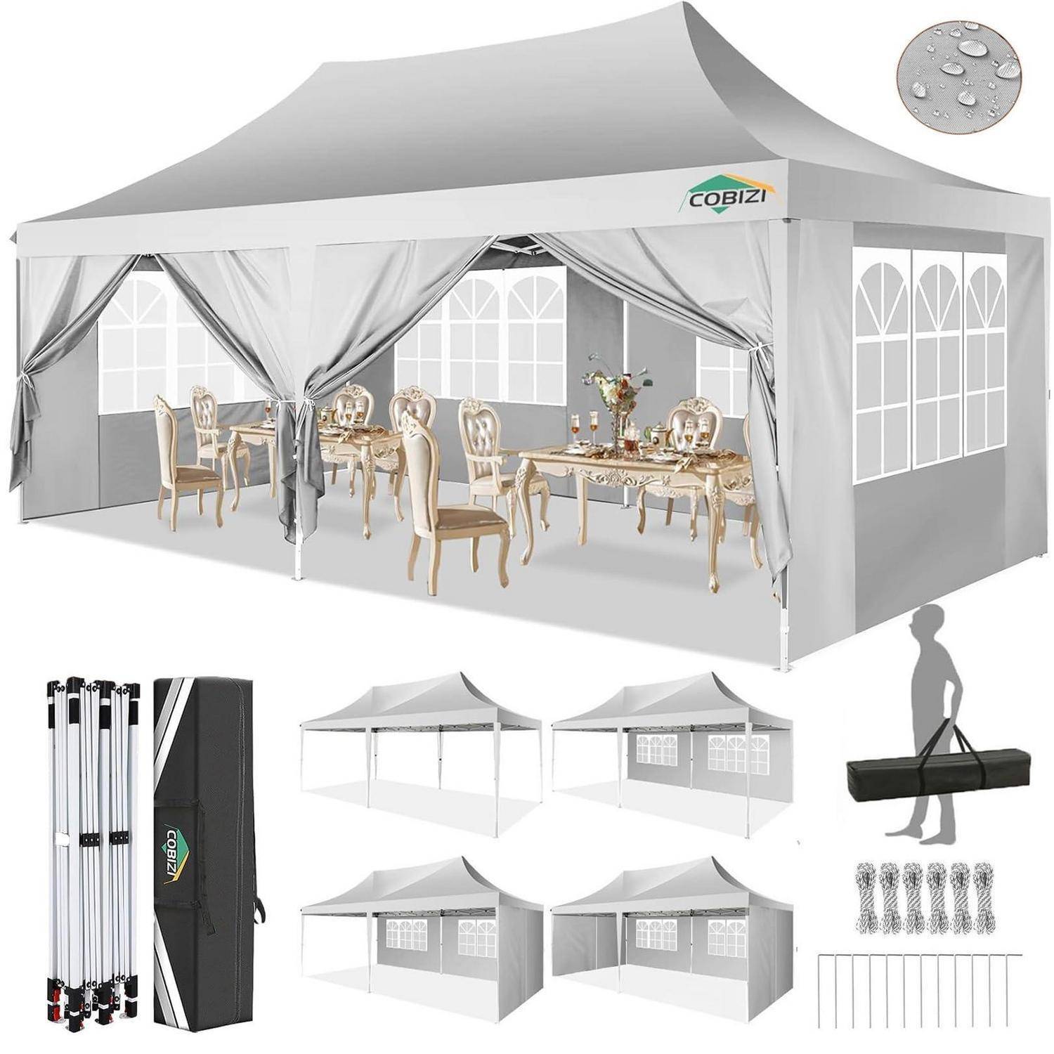 Werbebild eines grauen Pop-up-Baldachins mit drappierten Seitenwänden, das eine Innenessensbereich-Einrichtung und einen gefalteten Transportkoffer, Stangen und Zubehör zeigt.