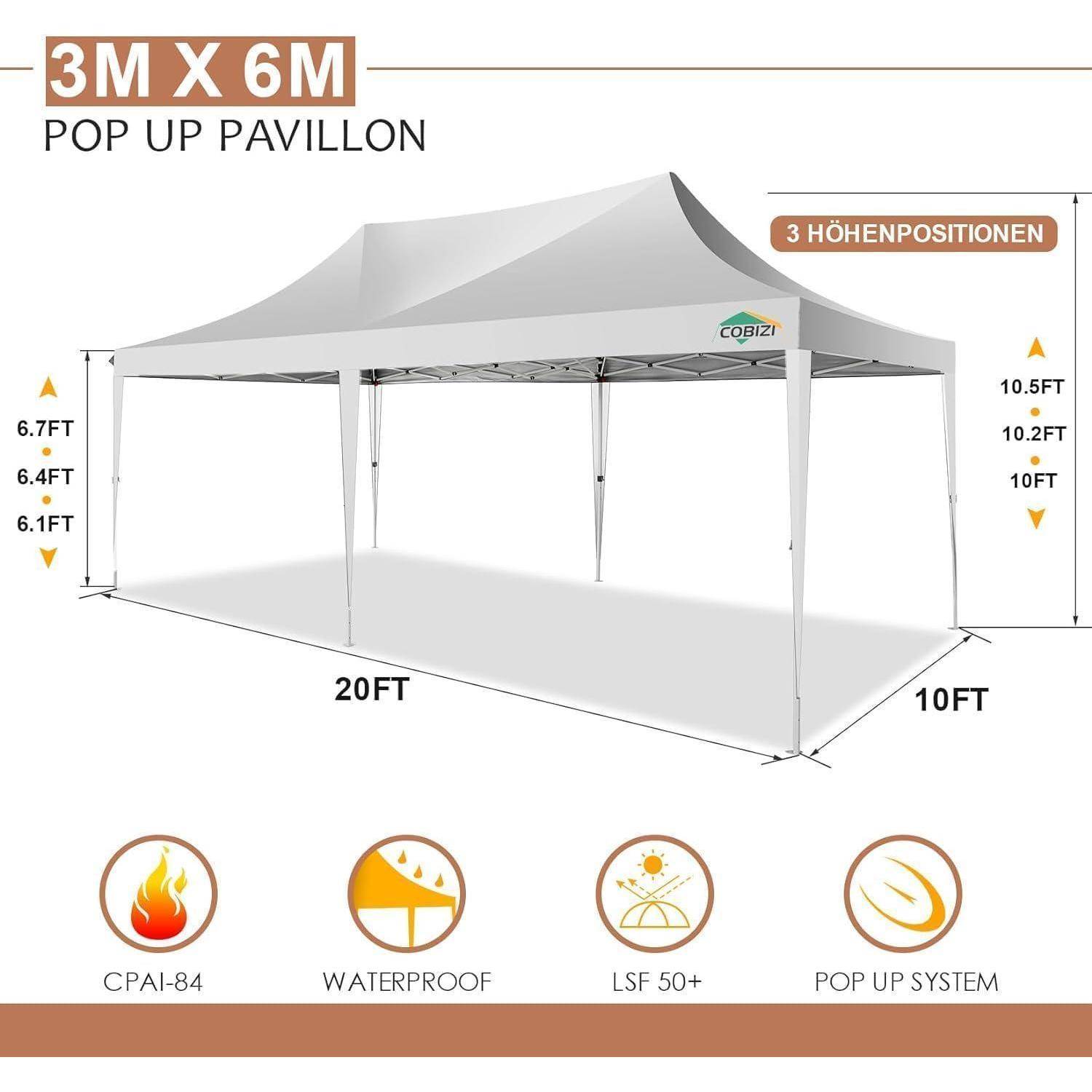 Illustration eines 3m x 6m Pop-up-Pavillon-Zelts mit verstellbaren Höhen, beschriftet 20ft x 10ft, mit wasserdichtem, feuerbeständigem und UV-geschütztem Design.