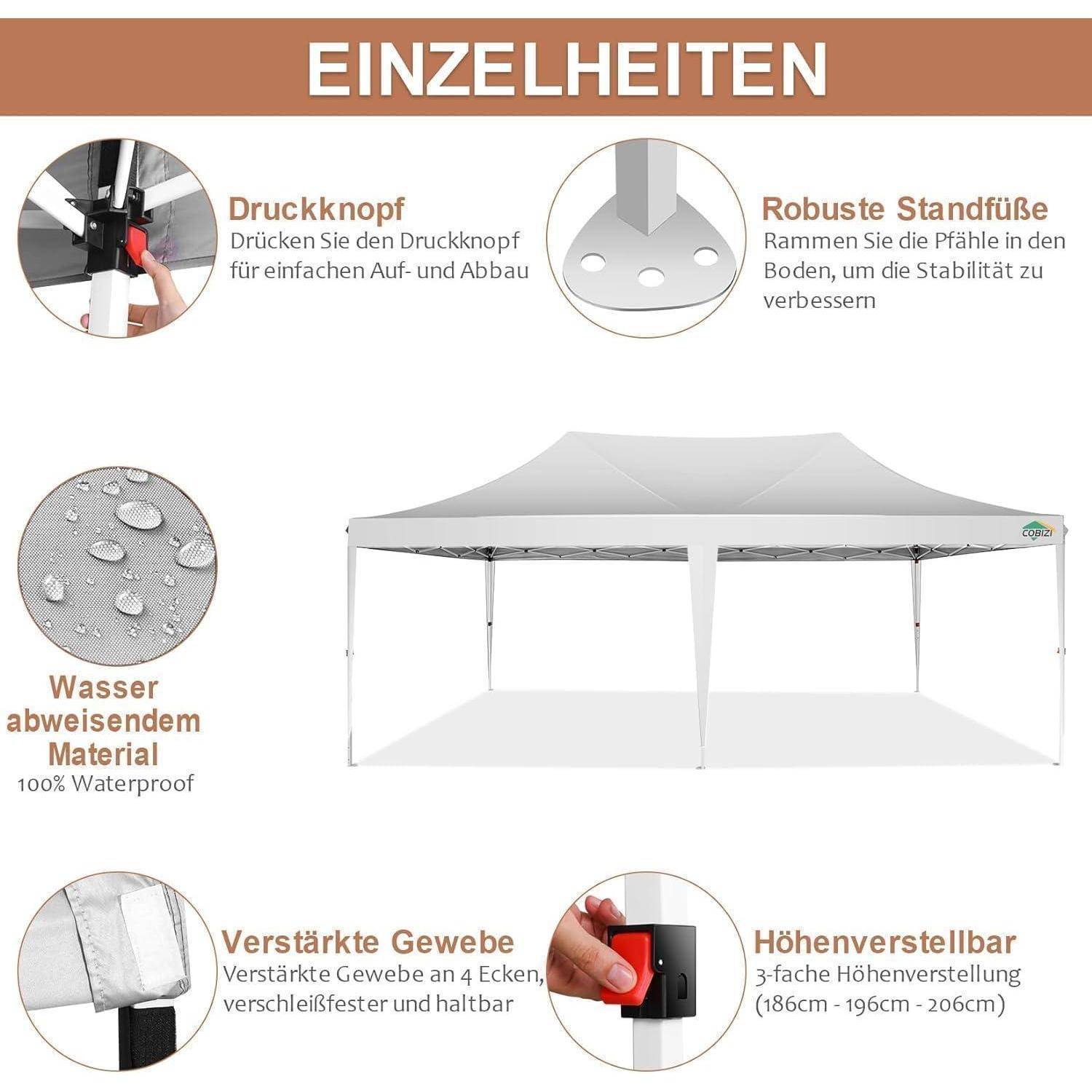 COBIZI Pavillon 3x6,Faltpavillon 3x6 Wasserdicht Stabil Winterfest, Sofort aufklappbare Vordächer Outdoor Gartenzelt mit 6 Seitenteilen, für Party