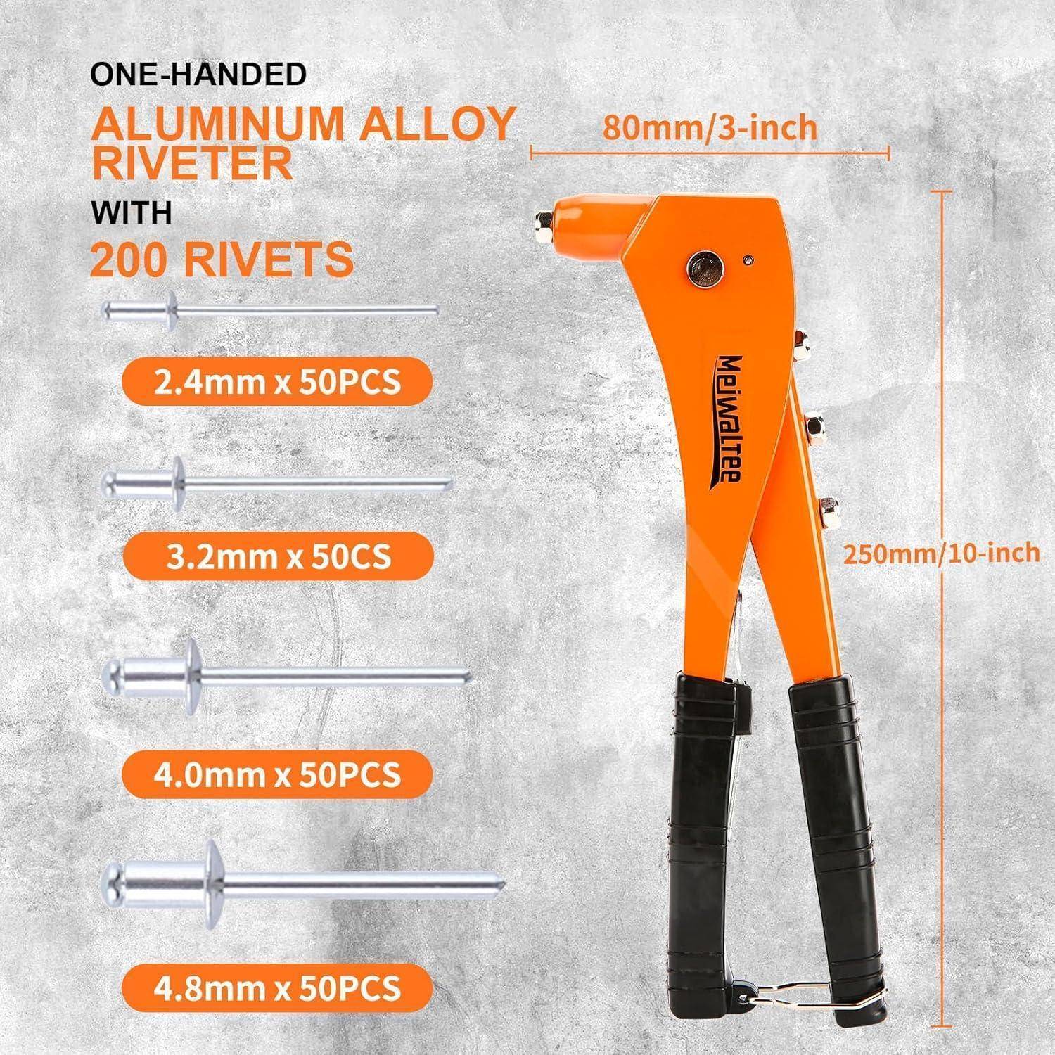 Orangefarbener einhändiger Aluminium-Blindnieter mit 200 Nieten und vier Nietstärken: 2,4 mm, 3,2 mm, 4,0 mm und 4,8 mm. Abmessungen angegeben als 80 mm breit und 250 mm lang.