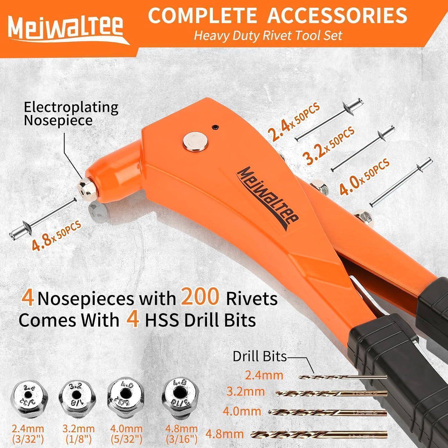 Meiwaltee Blindnietzange Set Mit 200 Nieten und 4-TLG HSS-Bohrer, Aluminiumlegierung Nietzange Set 4 Größen 2,4 MM-3,2 MM-4,0 MM-4,8 MM für Metalla