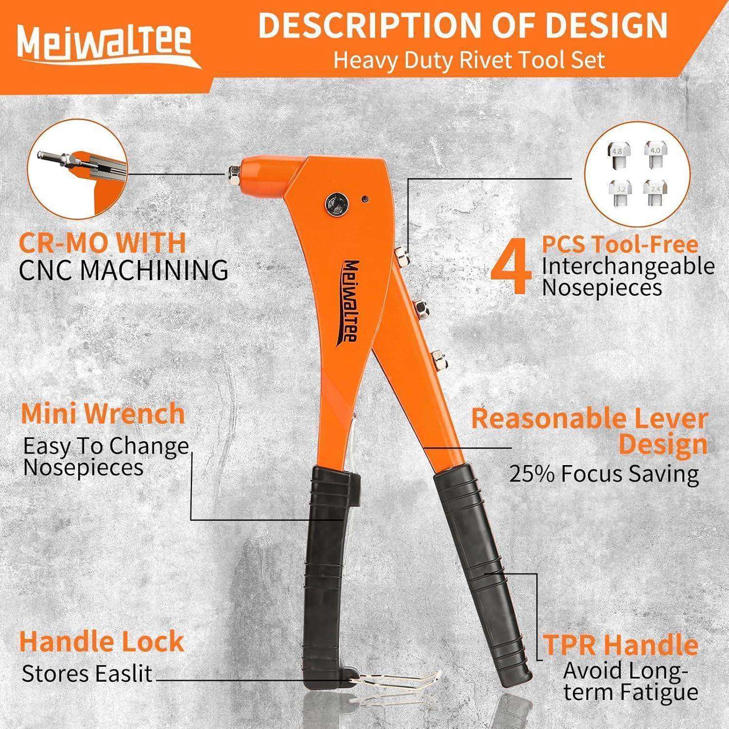 Orange Meiwaltee Hochleistungs-Nietset mit vier austauschbaren Aufsätzen, Mini-Schraubenschlüssel, Griffverriegelung und TPR-Griffen zur Ermüdungsreduktion.
