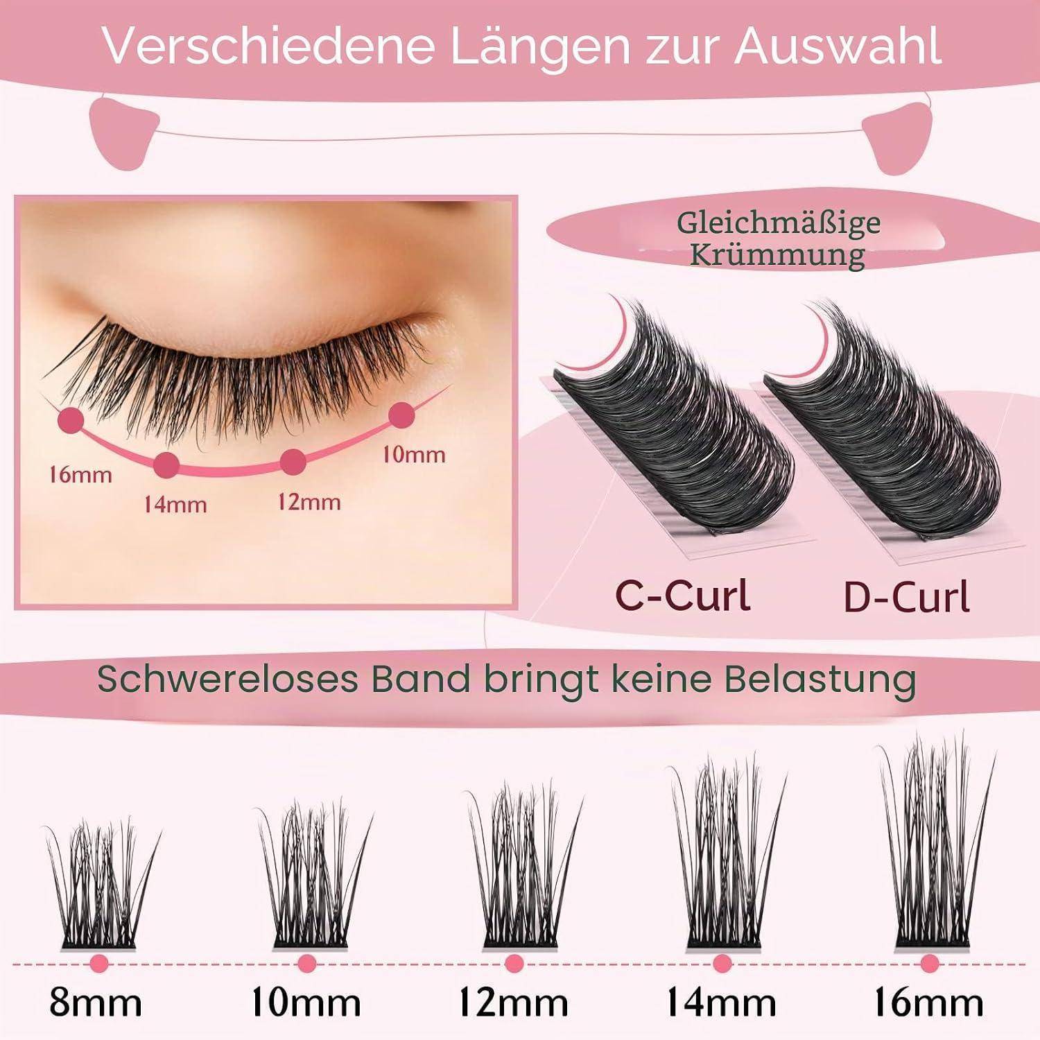 Deutscher Ratgeber für Wimpernverlängerungen mit verfügbaren Längen von 8mm bis 16mm, mit Beispielen für C-Curl und D-Curl sowie einem Hinweis, dass das leichte Band keine Belastung verursacht.