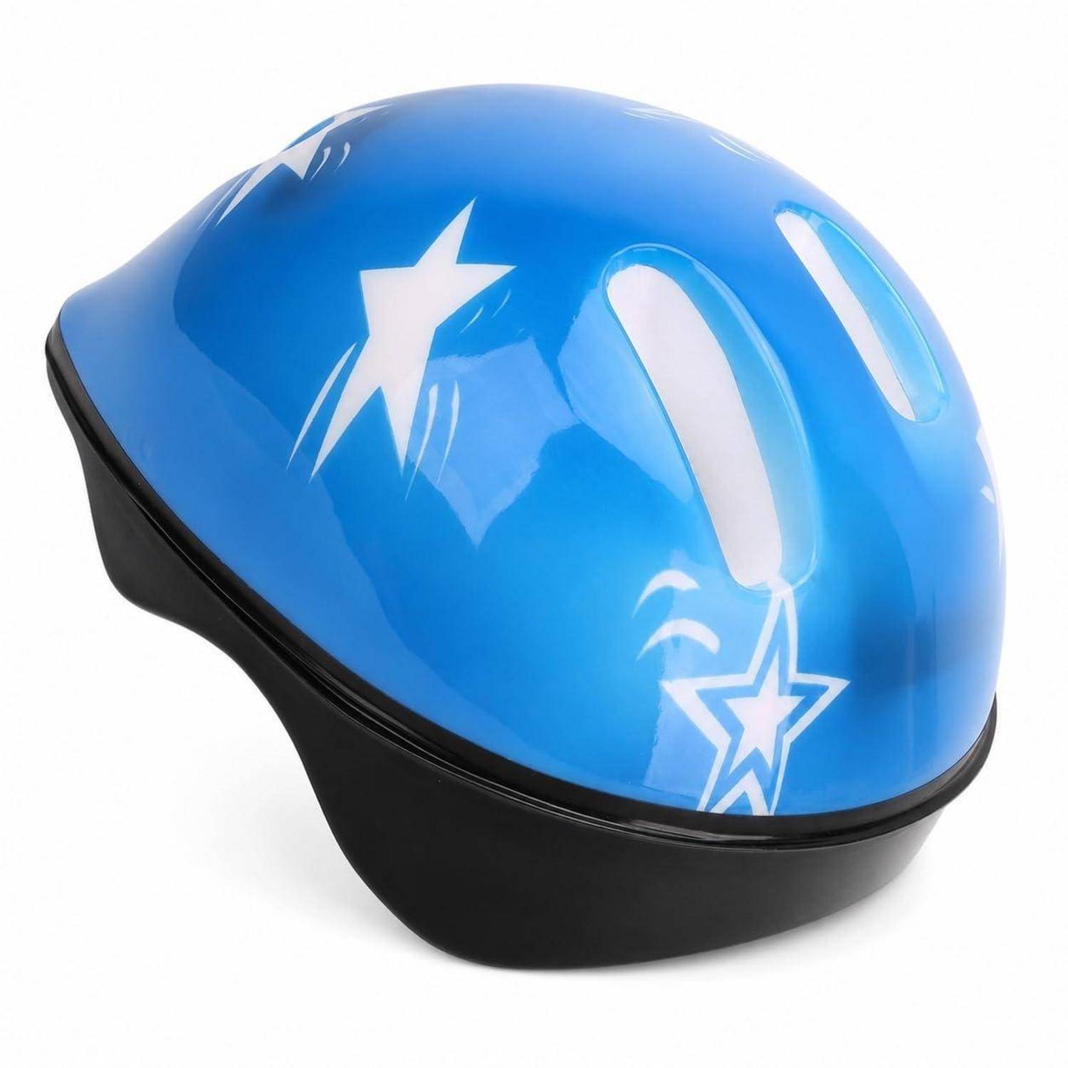 Blauer Hartschalen-Helm mit weißen Sterngrafiken und schwarzer Basis, gezeigt auf weißem Hintergrund.