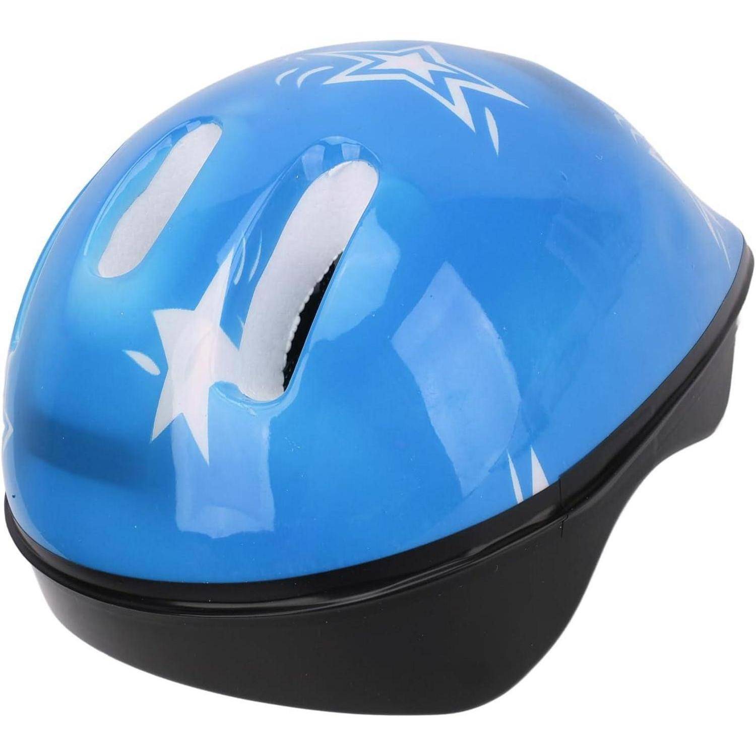 Blauer Fahrradhelm mit weißen Sterngrafiken und schwarzer Unterschale, auf weißem Hintergrund dargestellt.