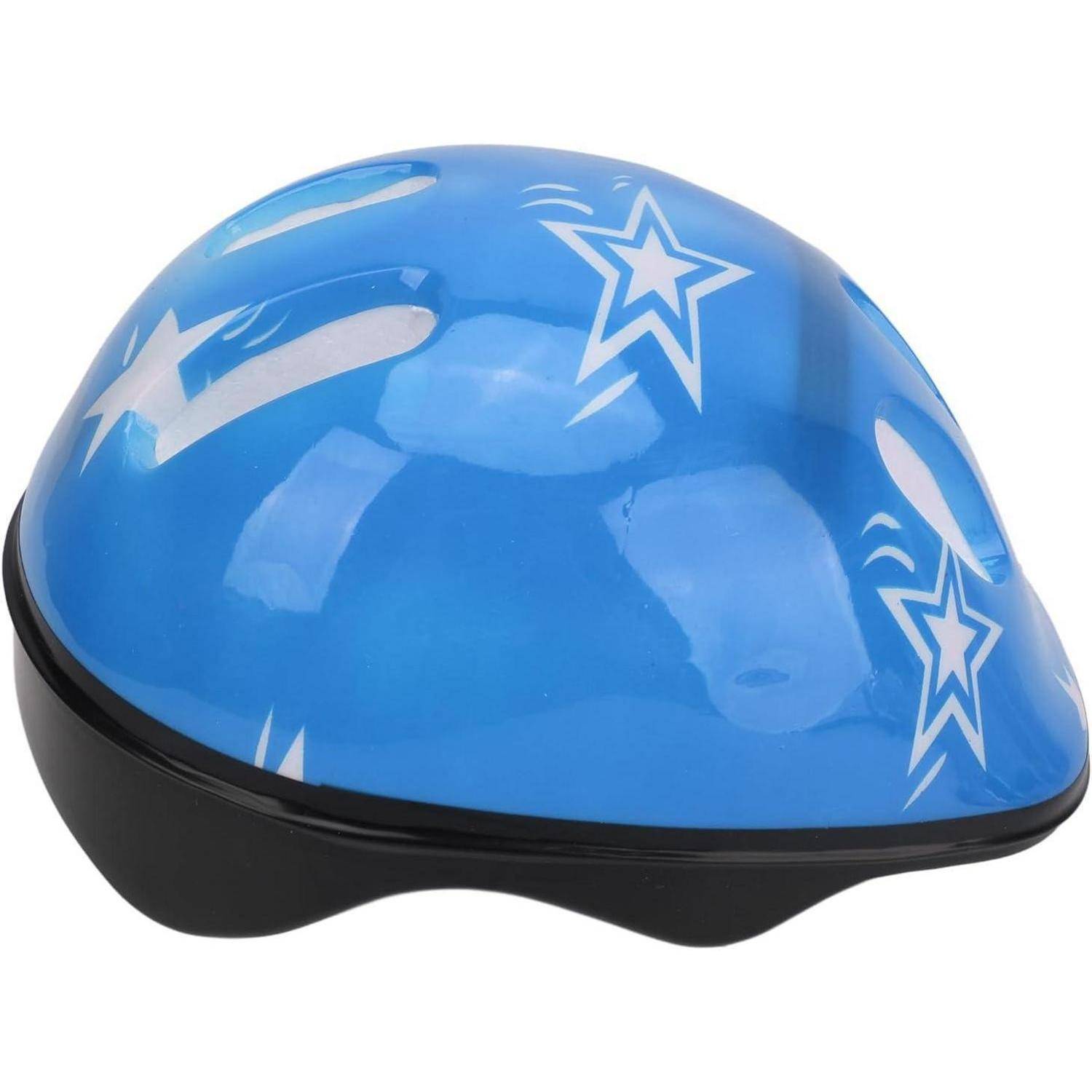 Blauer Fahrradhelm mit weißen Sterngrafiken und schwarzer Unterschale, dargestellt auf weißem Hintergrund.