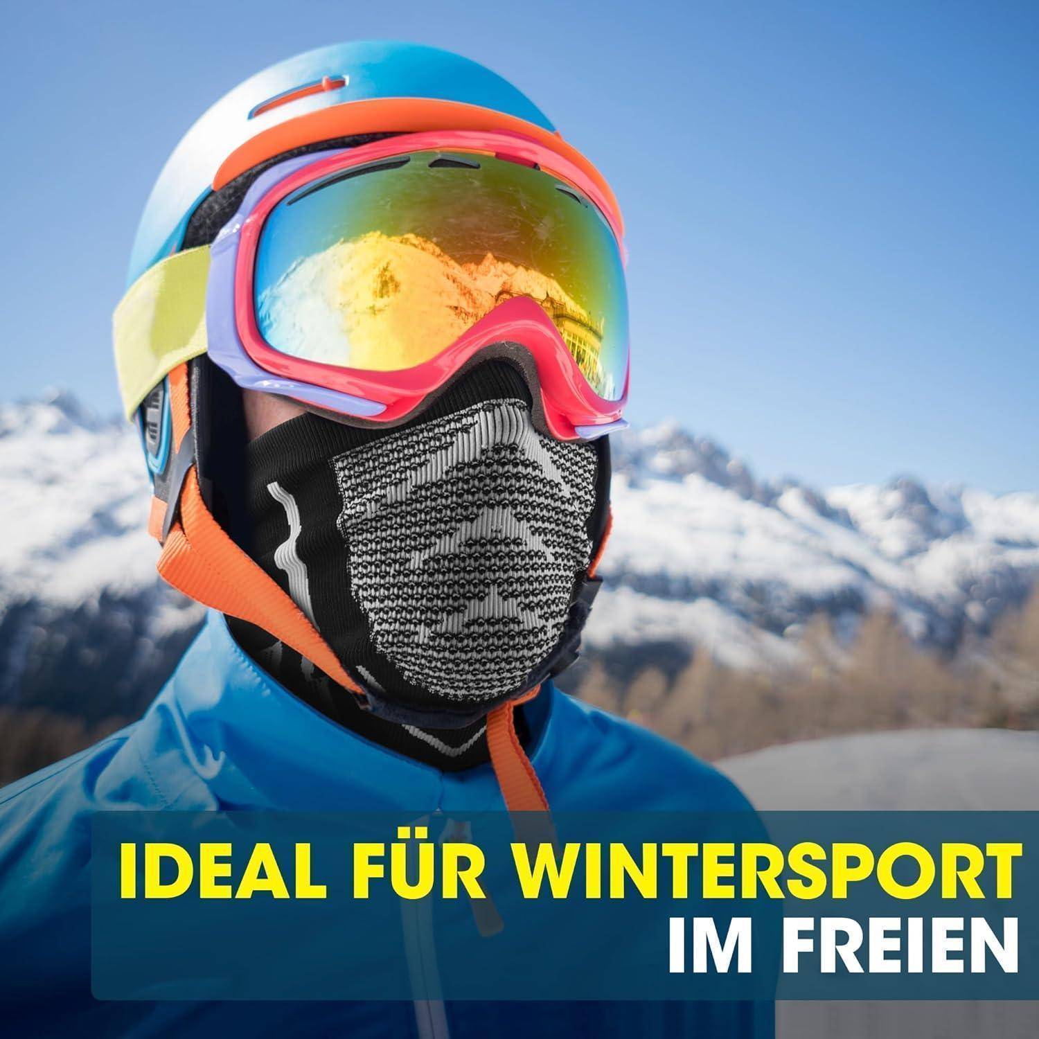 Skifahrer mit Helm, Schutzbrille und Gesichtsmaske auf verschneiten Bergen mit Text „IDEAL FÜR WINTERSPORT IM FREIEN"