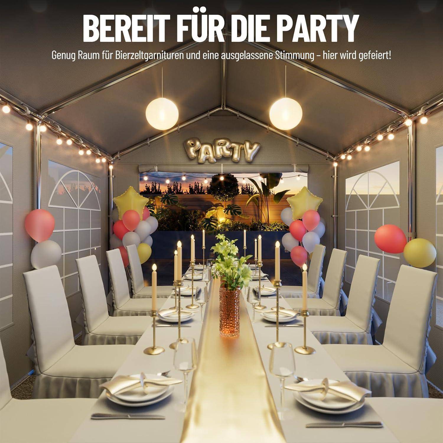 Dekoriertes Partyzelt mit langem Esstisch, weißen Stühlen, Kerzen, Luftballons und "PARTY""-Schriftzug; deutsche Überschrift lautet ""Bereit für die Party"".