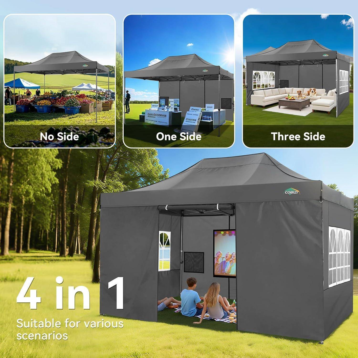 Werbegrafik für ein graues 4-in-1-Pavillon-Zelt ohne Seite, mit einer Seite und mit drei Seiten-Konfigurationen; Der Text lautet „4 in 1" und „Geeignet für verschiedene Szenarien"".