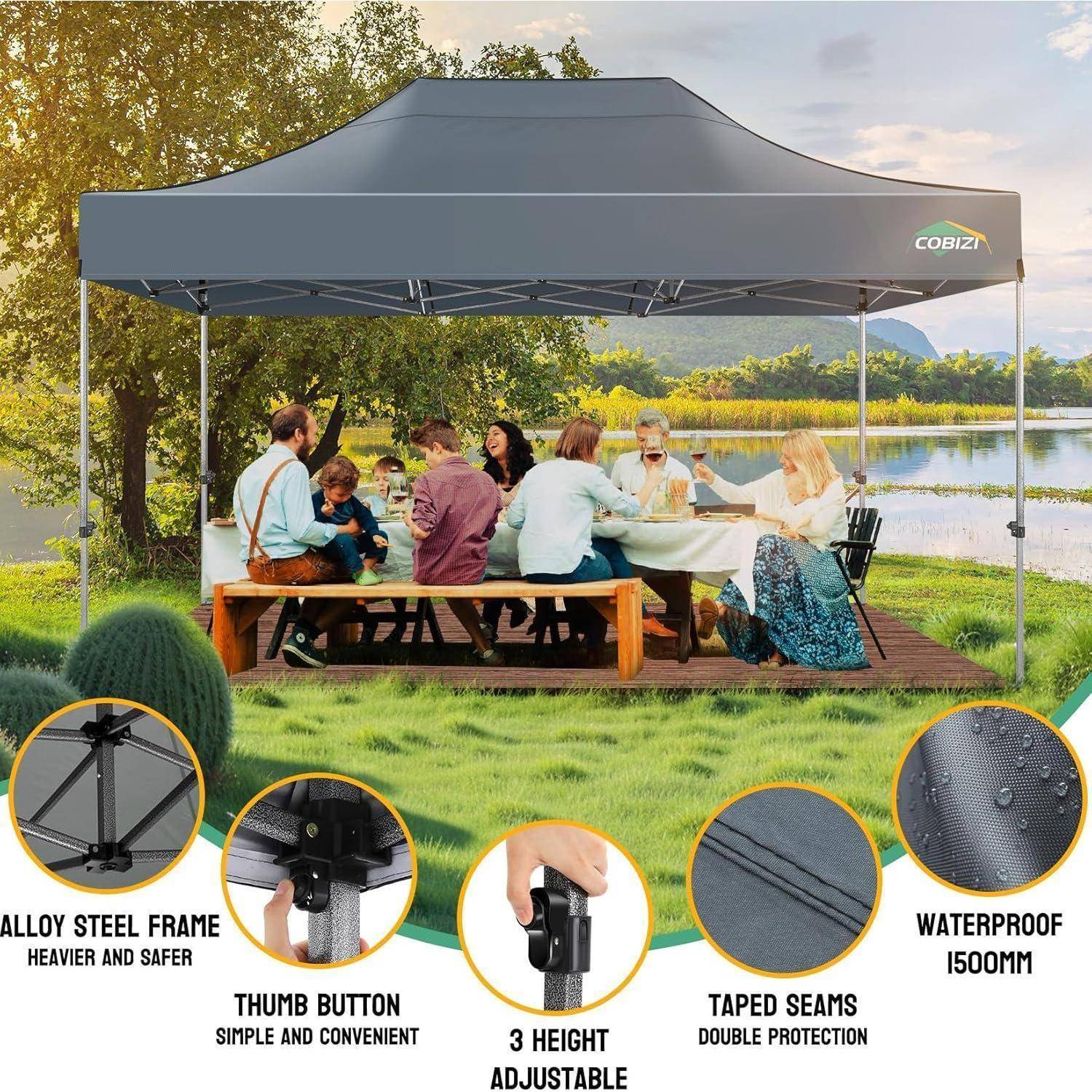 Eine Outdoor-Gruppe sitzt an einem Picknicktisch unter einem grauen COBIZI-Pavillon am See; Detailaufnahmen zeigen das Stahlgestell, die Daumentaste, die verstellbare Höhe, die verklebten Nähte und den wasserdichten Stoff.