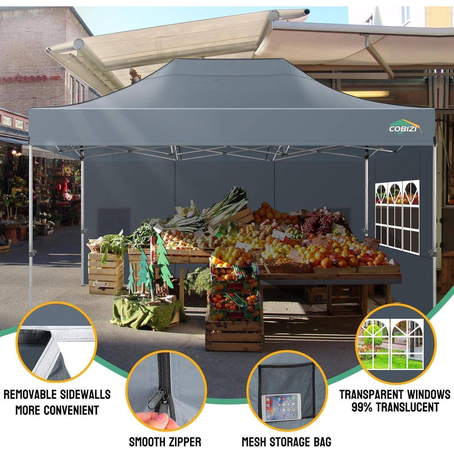 Marktstand unter einem grauen Baldachin zeigt frisches Obst und Gemüse in Holzkisten an, mit Beschriftungen für abnehmbare Seitenwände, glatter Reißverschluss, Netz-Aufbewahrungstasche und transparente Fenster.