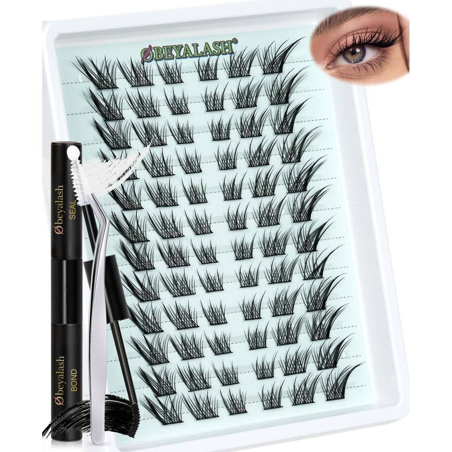 Obeyalash Wimpernpalette mit vielen Wimpernbüscheln, plus Applikator-Pinzetten, Spoolie und Maskara-Bürste; die Einleitung zeigt ein Auge mit Wimpern.