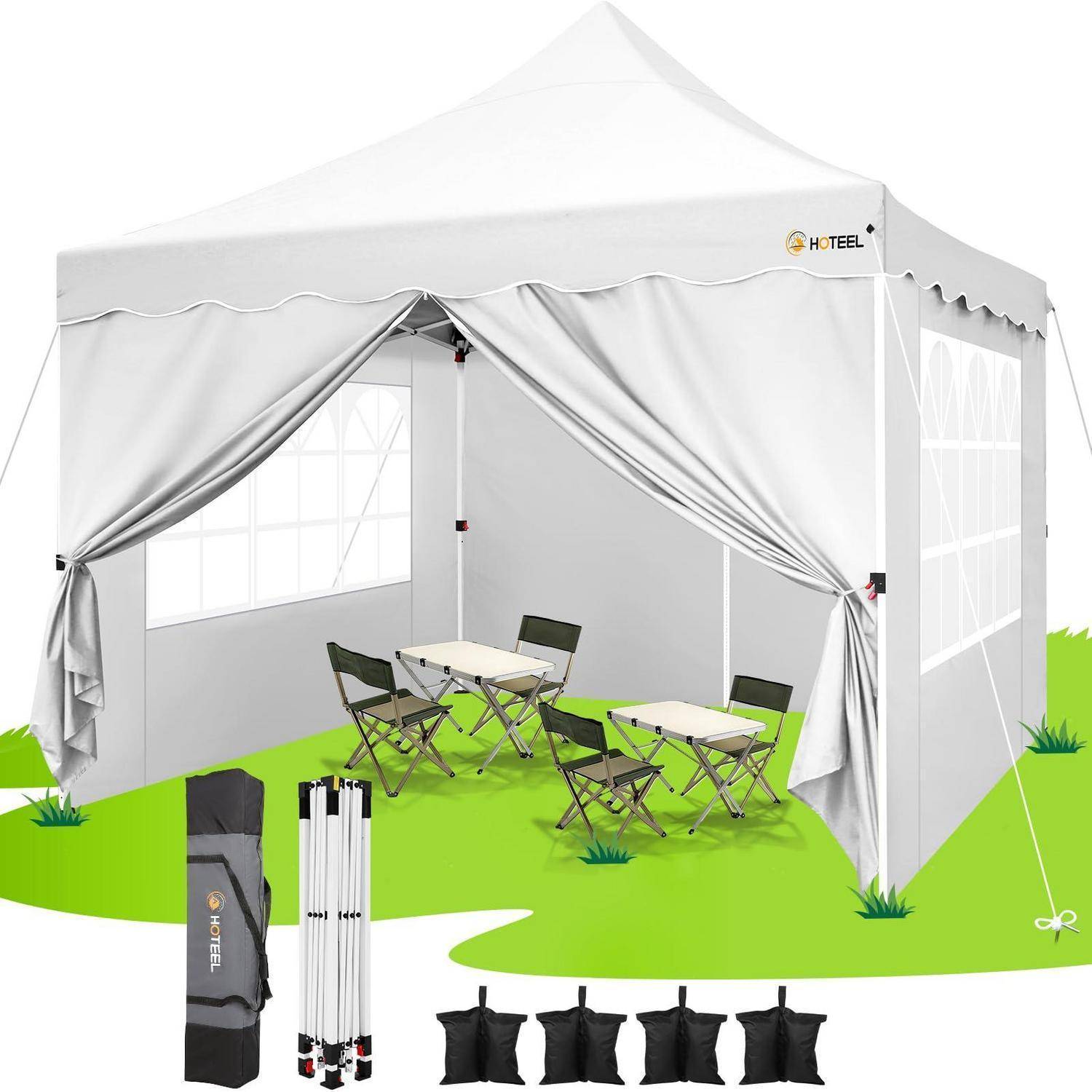 Weißes Pop-up-Baldachindach mit Seitenwänden, Innenansicht mit Klapptischen und Stühlen, einschließlich Tragetasche, Stangen und Sandsäcke.
