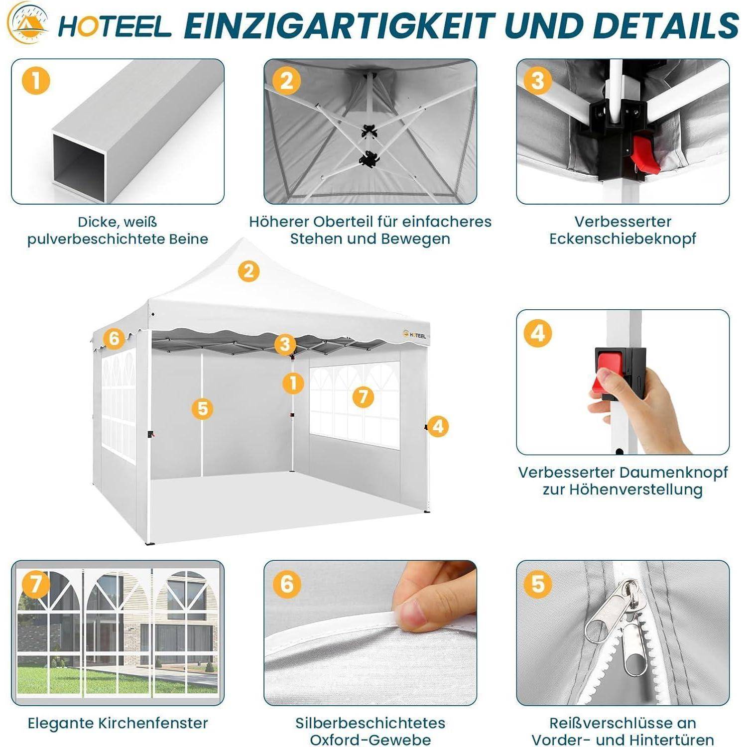 HOTEEL Pavillon 3x3 Faltpavillon 3x3 Wasserdicht Stabil mit 4 Seitenteilen und 4 SandsäCke, Uv Schutz 50+ Partyzelt Gartenpavillon Pop Up Pavillon