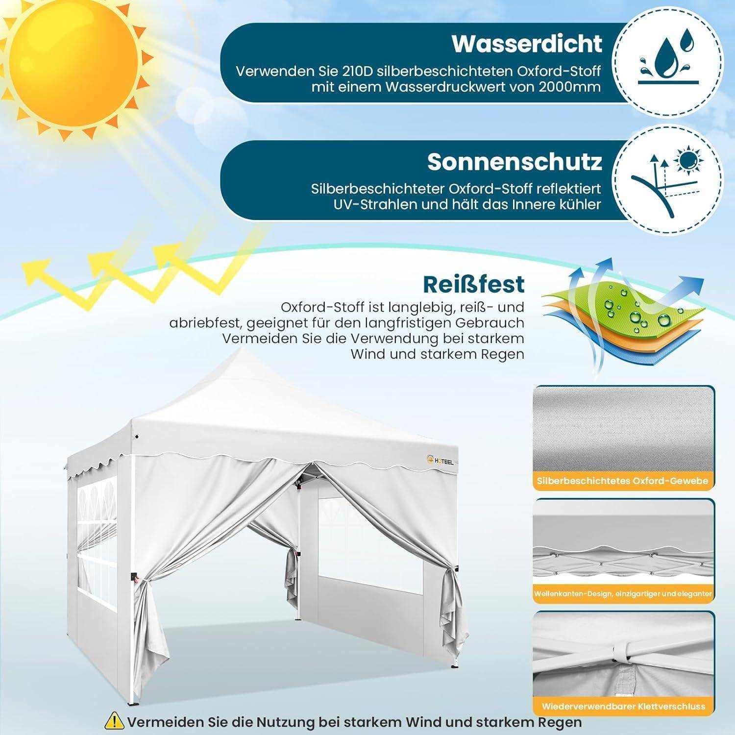 Deutsches Infografik eines weißen Pavillon-Zelts mit Hervorhebung von wasserdichtem, UV-schützendem, reißfestem silberbeschichtetem Oxford-Stoff; warnt vor Verwendung bei starkem Wind oder Regen.