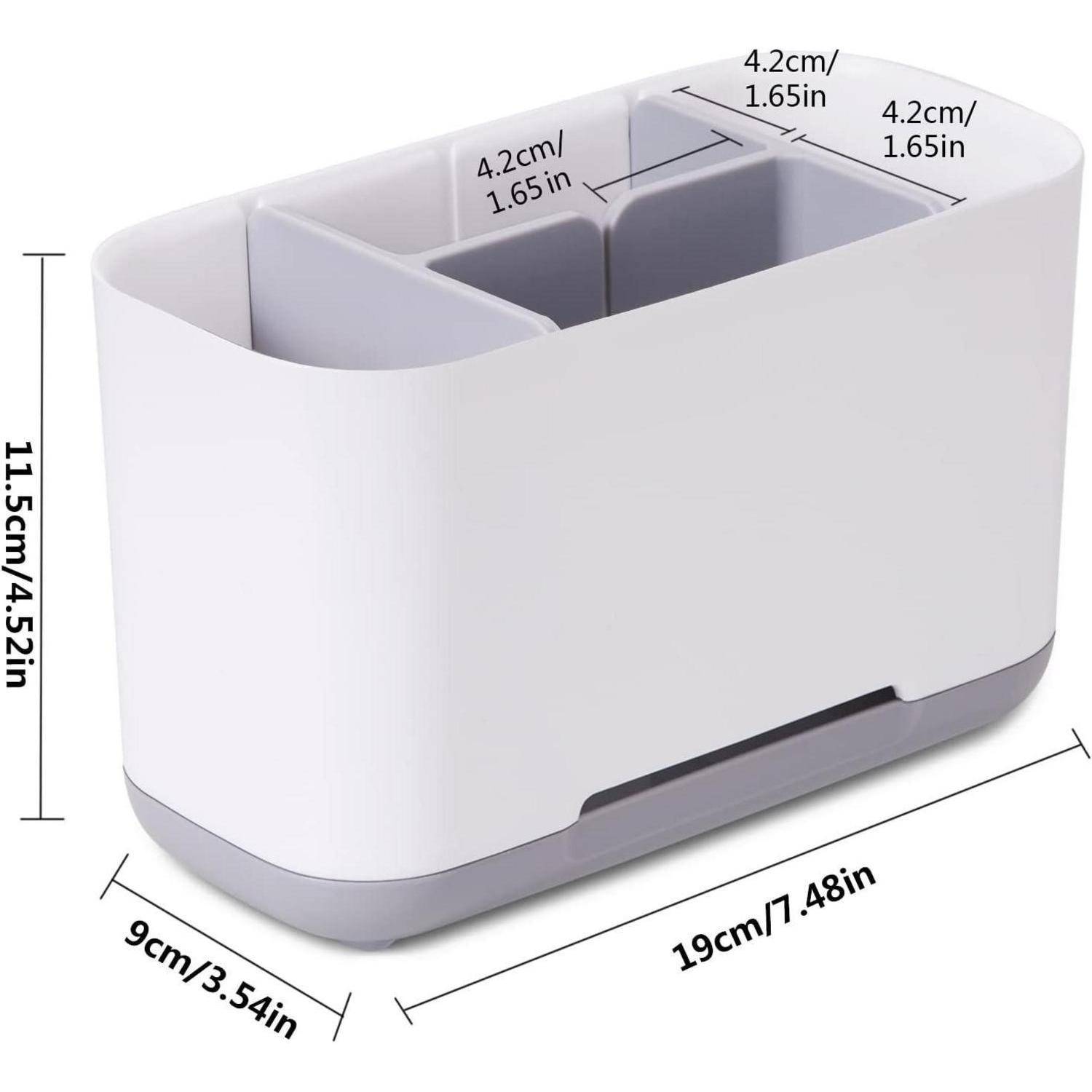 Weißer rechteckiger Schreibtischorganizer mit zwei offenen Fächern und grauer Basis, mit den Maßen 19 cm x 9 cm x 11,5 cm; die oberen Öffnungen sind 4,2 cm breit.
