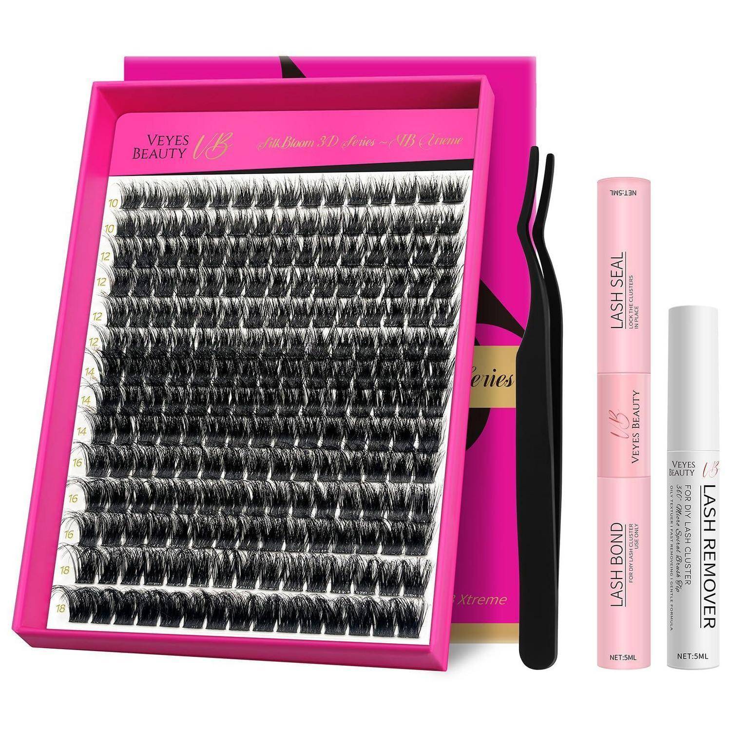 Falscher Wimpernverlängerungs-Set mit Tablett aus Wimpernbüscheln, Pinzetten, Wimpernversiegelung/Wimpernkleber-Tube und Wimpernentferner-Flasche.
