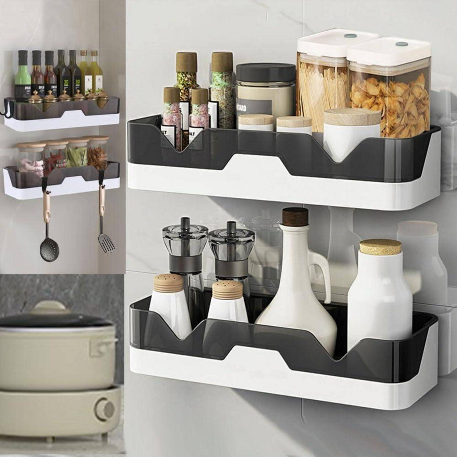 An der Wand montierte Küchenorganizer, die Gewürze, Gläser und Flaschen halten, mit hängenden Haken für Küchenutensilien und einem größeren Regal für Speisekammerbehälter.