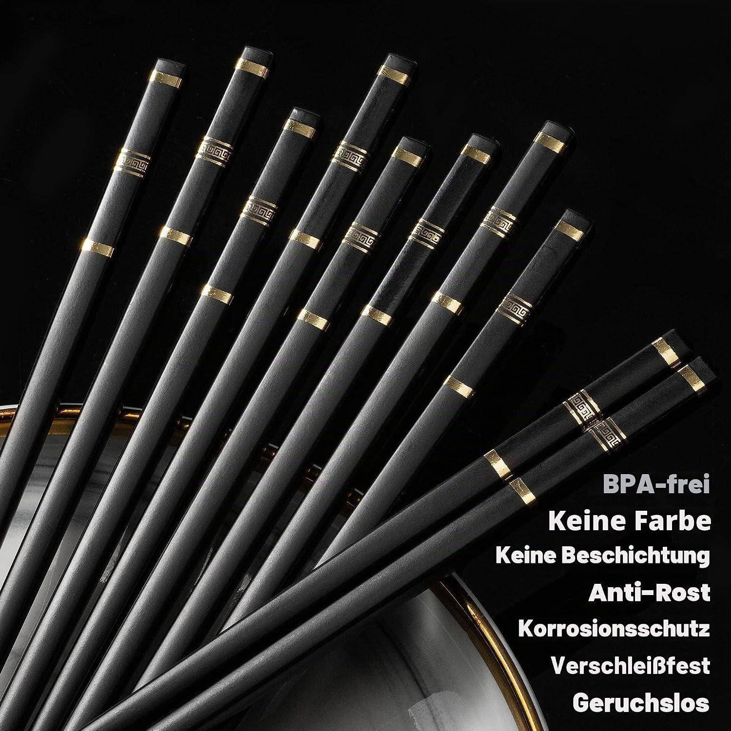Schwarze Metall-Trinkhalme fächerförmig auf dunklem Hintergrund mit deutschem Text, der bewirbt, dass sie BPA-frei, unlackiert, rostfrei, korrosionsbeständig, langlebig und geruchlos sind.