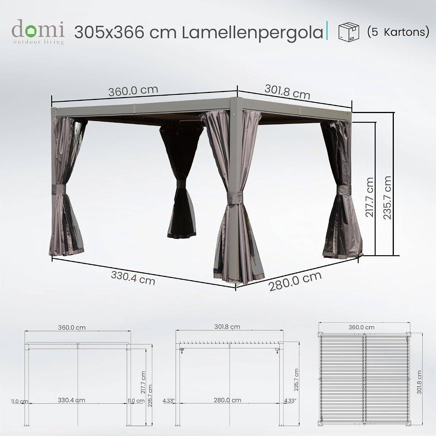 Illustrierte Pergola-Produktdiagramm mit der Bezeichnung „domi 305x366 cm Lamellenpergola (5 Kartons)" mit angezeigten Abmessungen für Seiten, Höhe und Draufsicht.
