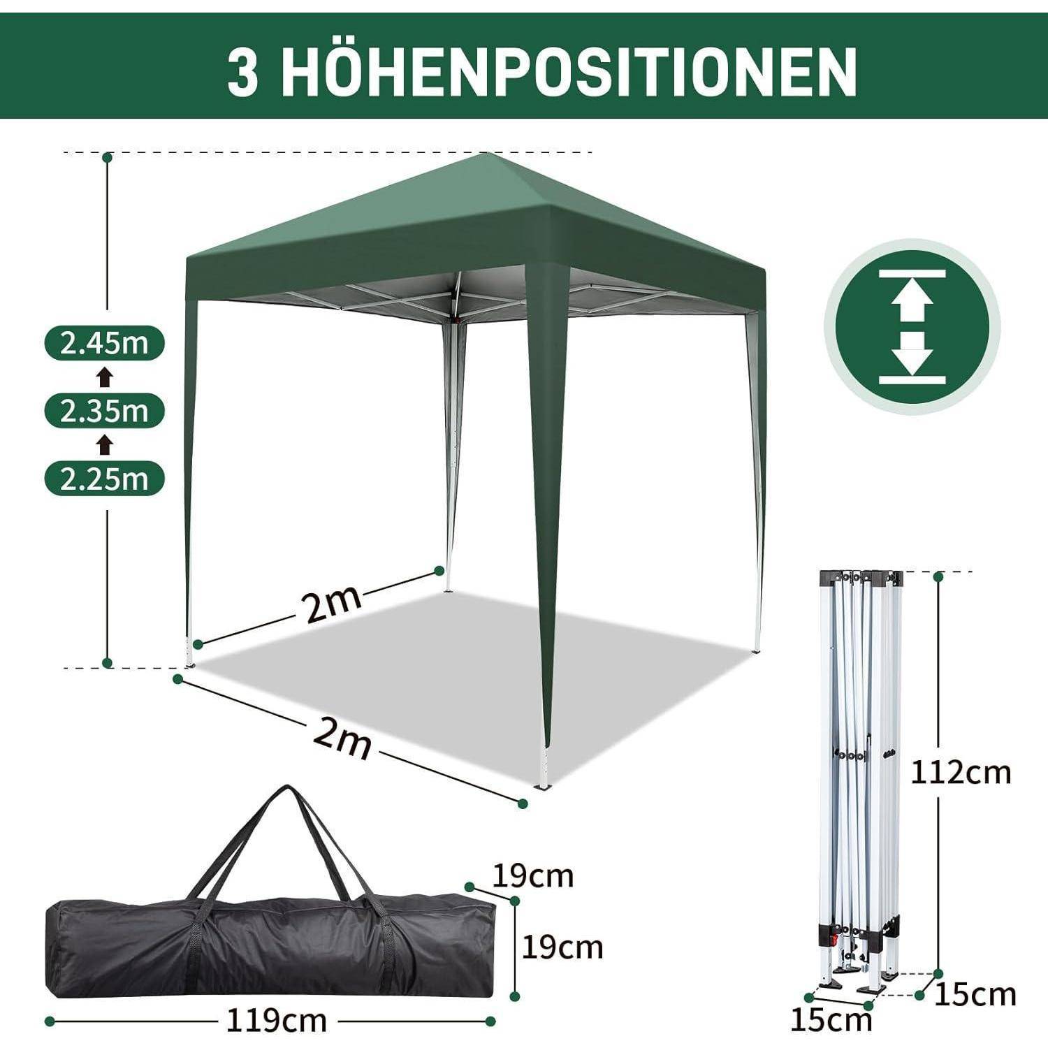 Diagramm eines grünen Pop-up-Zeltes mit 3 Höhenpositionen: 2,25 m, 2,35 m, 2,45 m; Grundfläche 2 m x 2 m; Packgröße 119 x 19 x 19 cm und Rahmen 112 cm hoch.