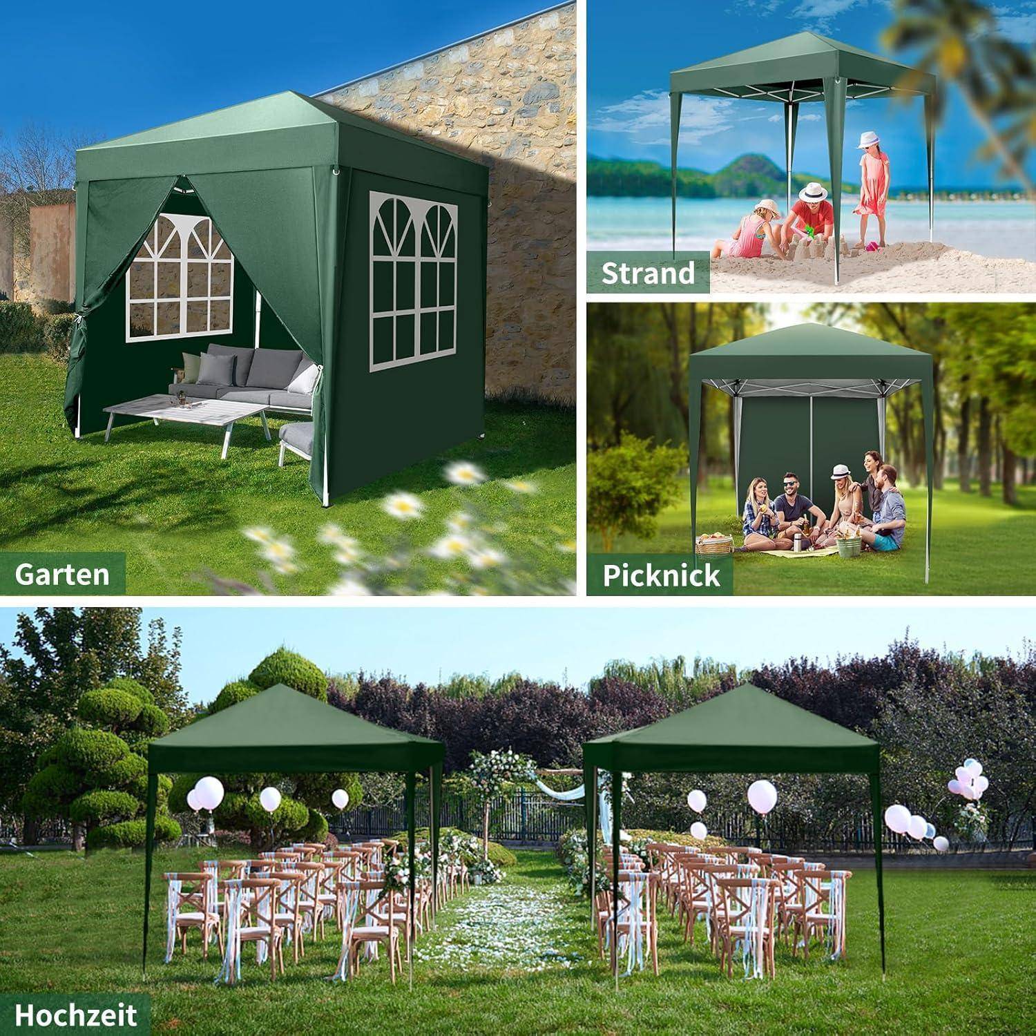Grünes Außengartenpavillon-Dach in Garten-, Strand-, Picknick- und Hochzeitssettings als vielseitiger Schattenunterstand gezeigt.